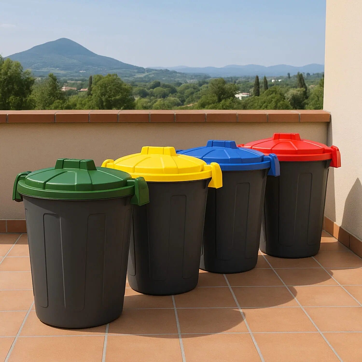 Bidoni rifiuti 25L in plastica nera con coperchi verde giallo blu rosso per uso esterno