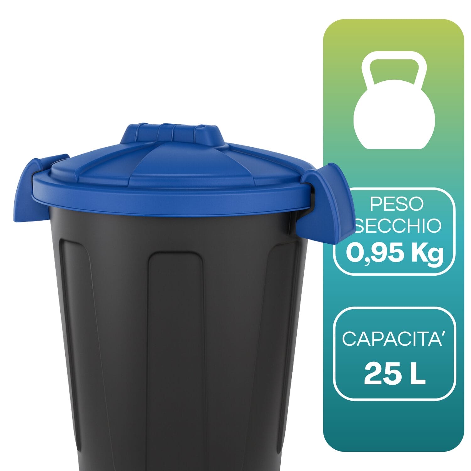 Bidone portarifiuti 25L nero con coperchio blu in polipropilene, capacità 25 litri e peso 0,95 kg