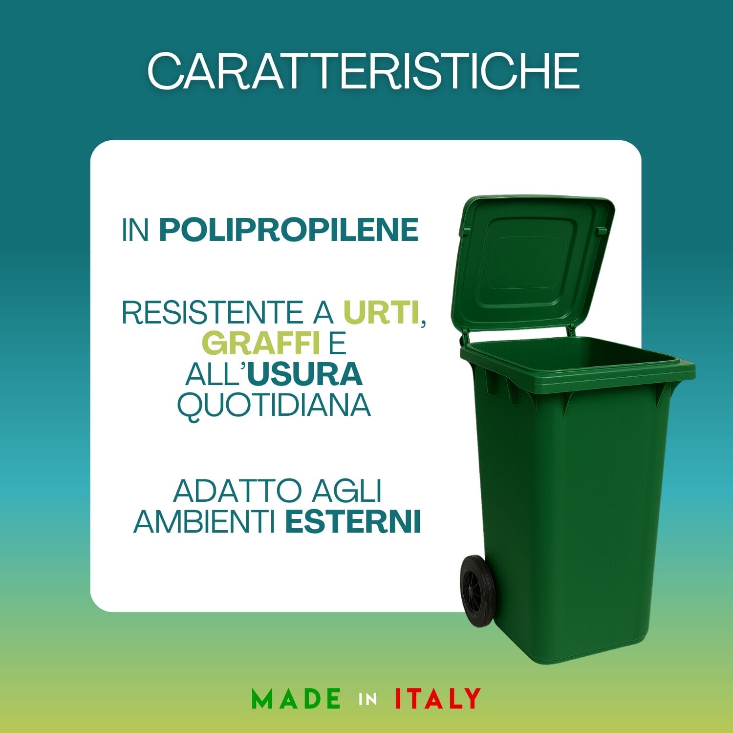 Bidone rifiuti 120L verde in plastica Made in Italy adatto ad ambienti esterni