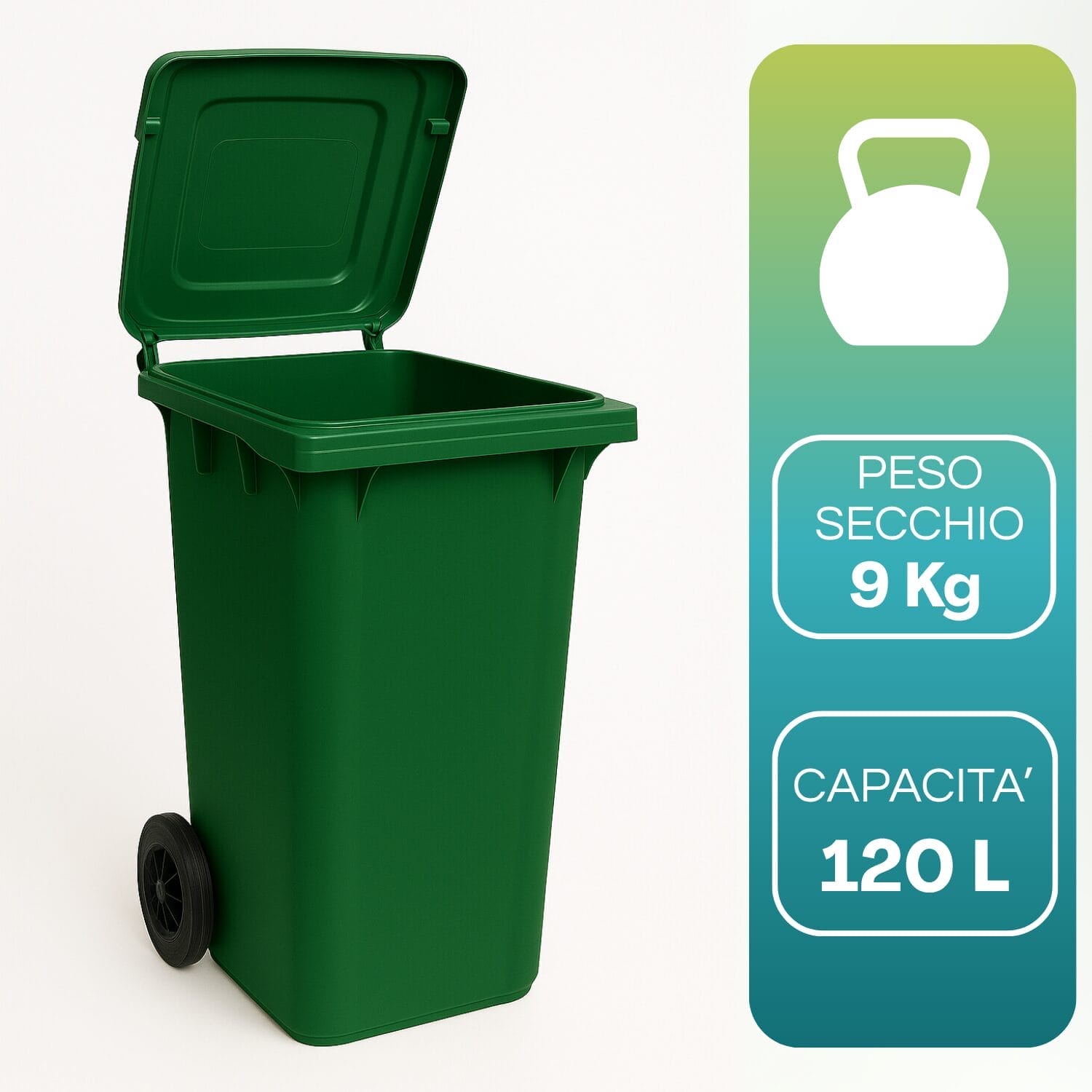 Contenitore rifiuti 120 litri verde con ruote, capacità 120L e peso 9 kg