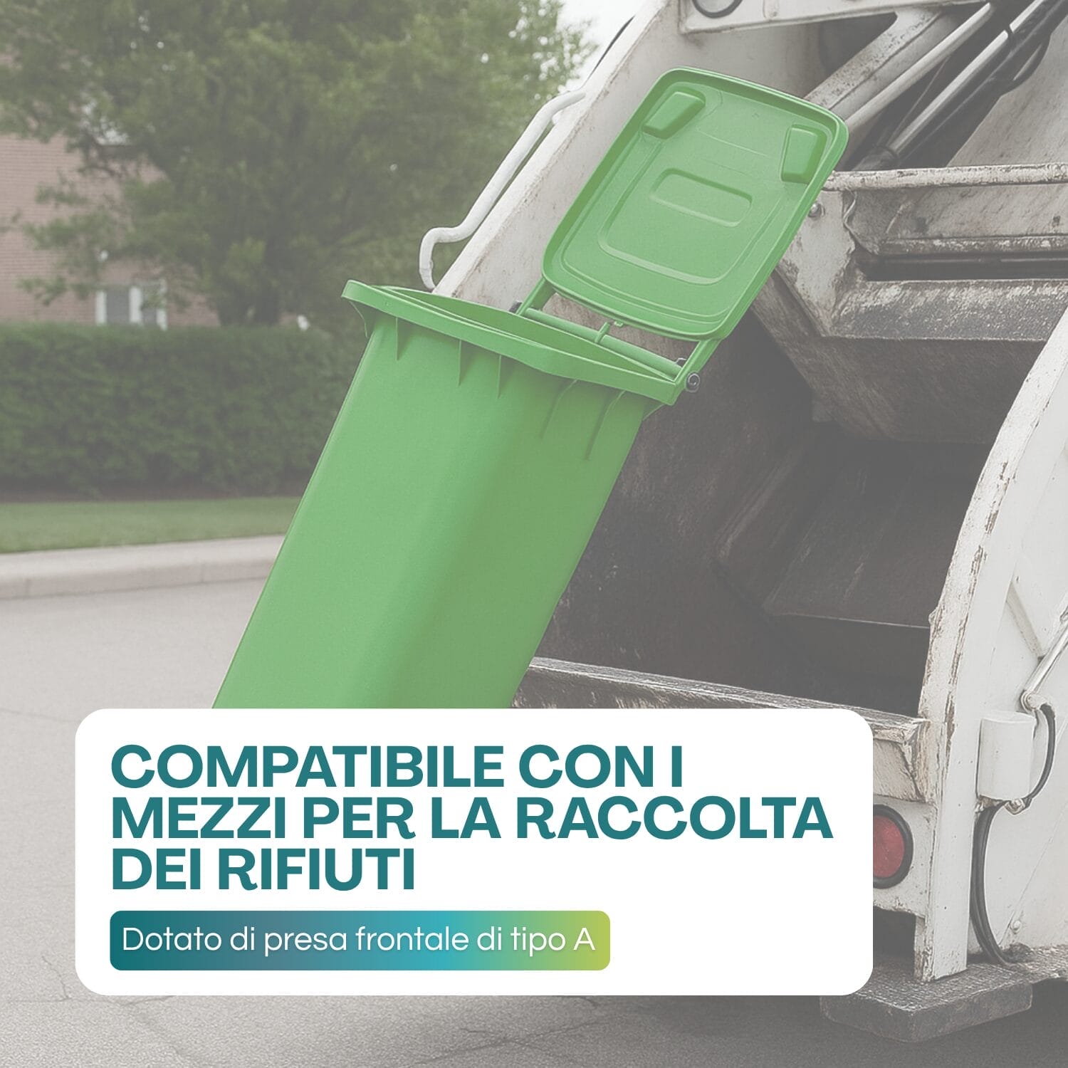 Contenitore rifiuti 120 litri verde in plastica collegato a mezzo per raccolta porta a porta
