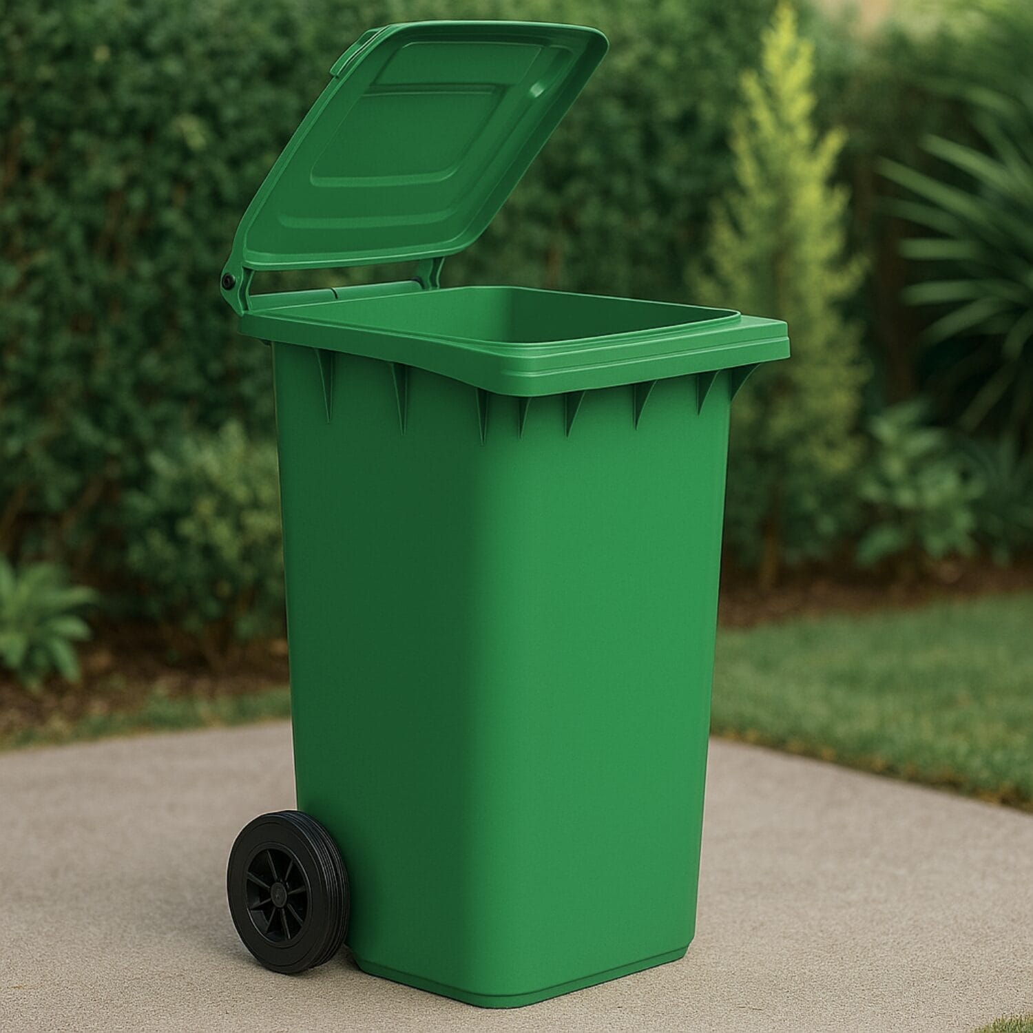 Pattumiera verde da 120 litri in plastica con ruote e coperchio aperto per raccolta differenziata