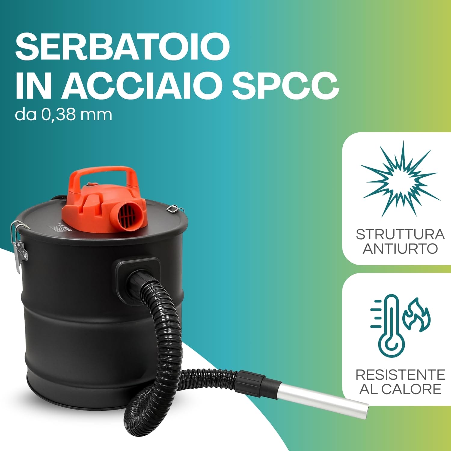 Aspiracenere Paluplus con serbatoio in acciaio SPCC 0,38 mm antiurto e resistente al calore