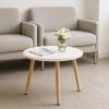 Tavolino basso rotondo in legno con piano bianco, ideale per salotto moderno