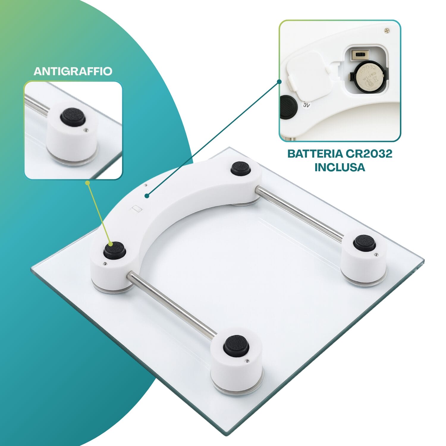 bilancia-batteria Bilancia digitale con piedini antigraffio e batteria CR2032 inclusa
