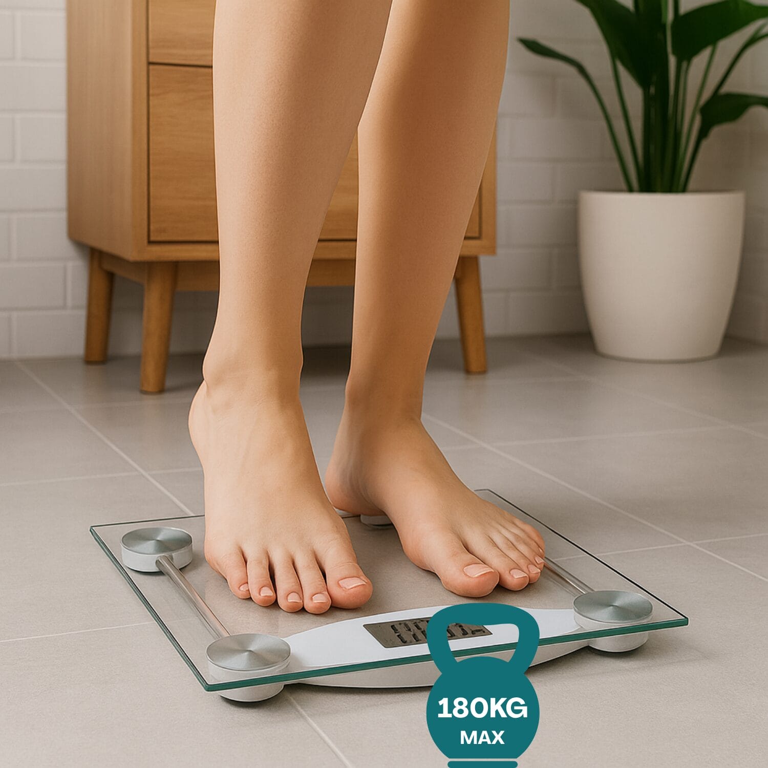 bilancia-coreografica Donna che si pesa su bilancia digitale in vetro temperato da 180 kg