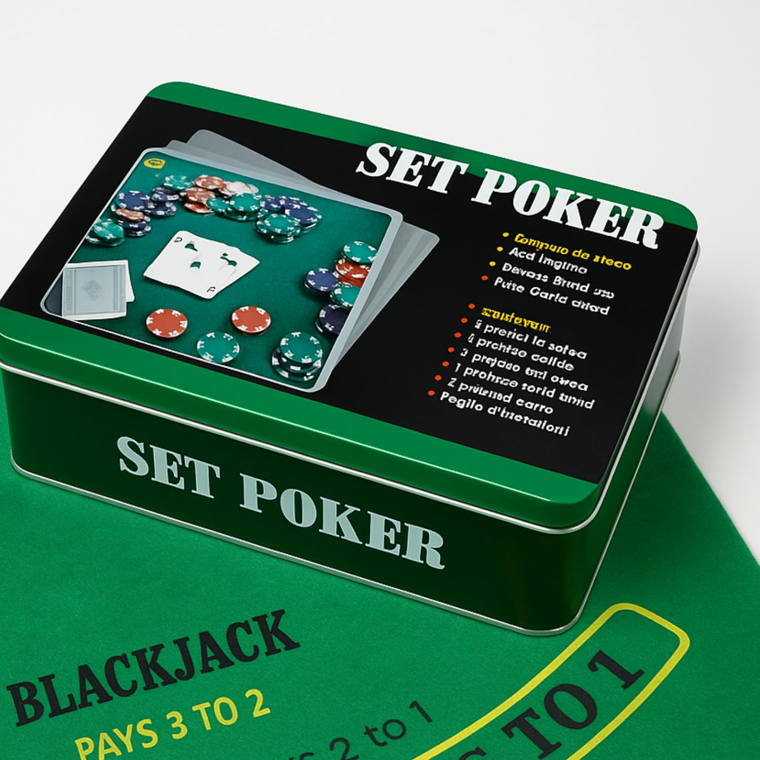 Scatola metallica Set Poker con fiches, carte e accessori per giochi da tavolo