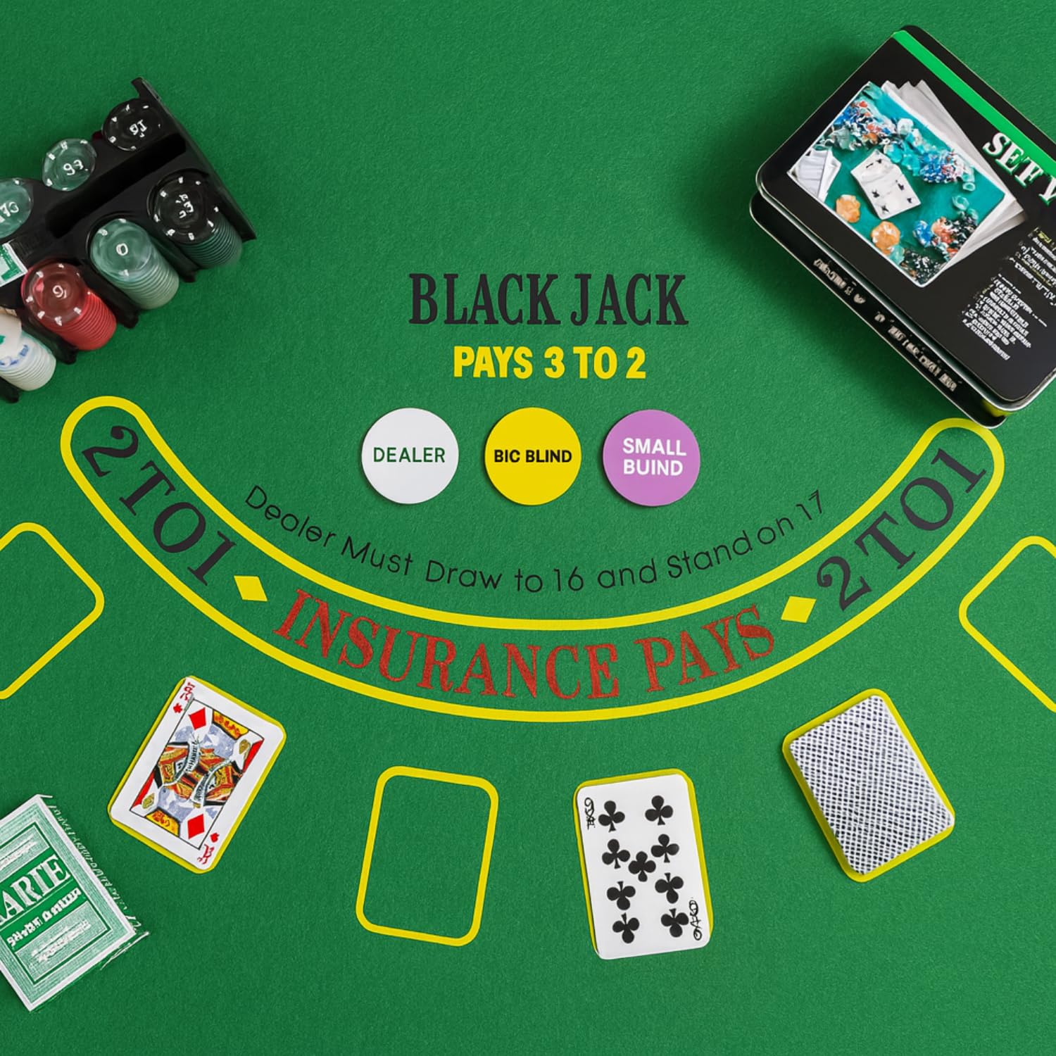 coreografica-set-poker tappeto poker verde con fiches, carte e bottoni da gioco per Texas Hold’em