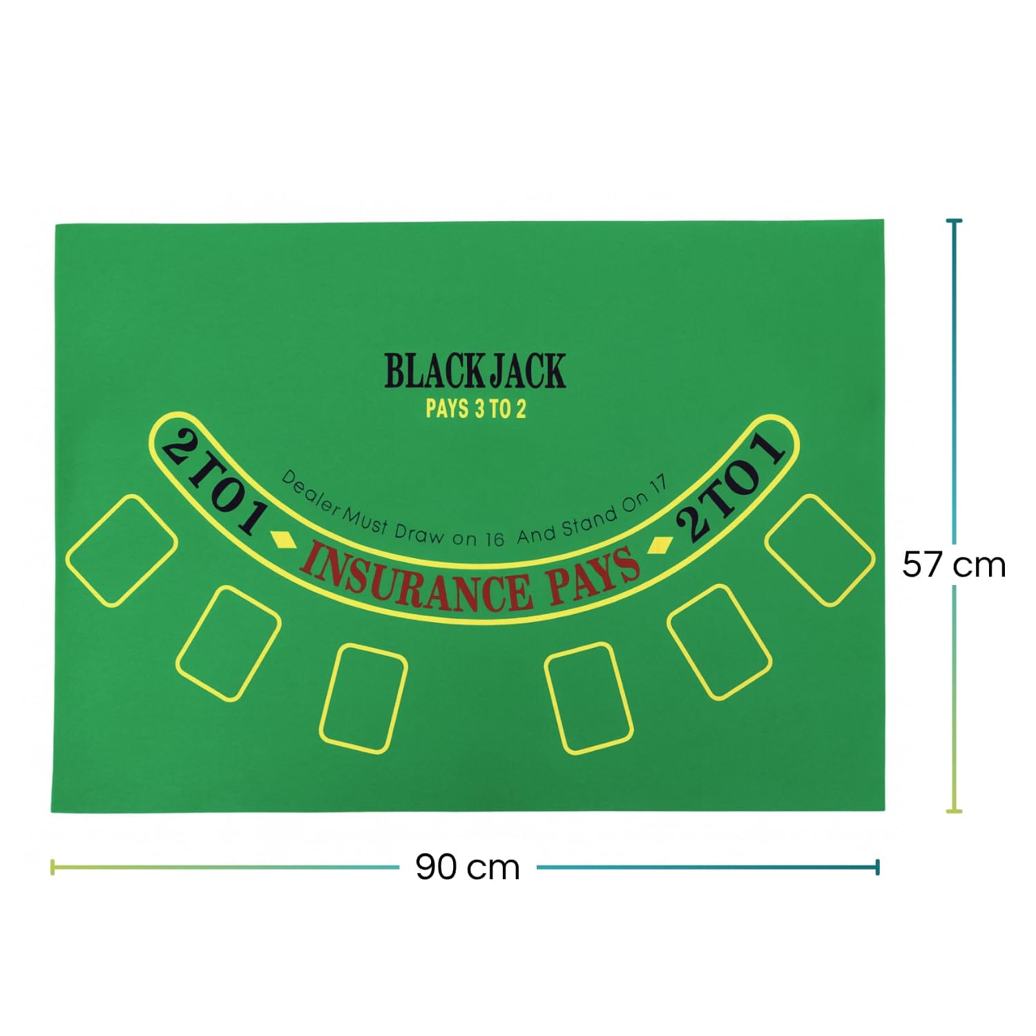 misura-panno-set-poker tappeto da poker verde 90x57 cm con grafica Black Jack e area di gioco 2 TO 1