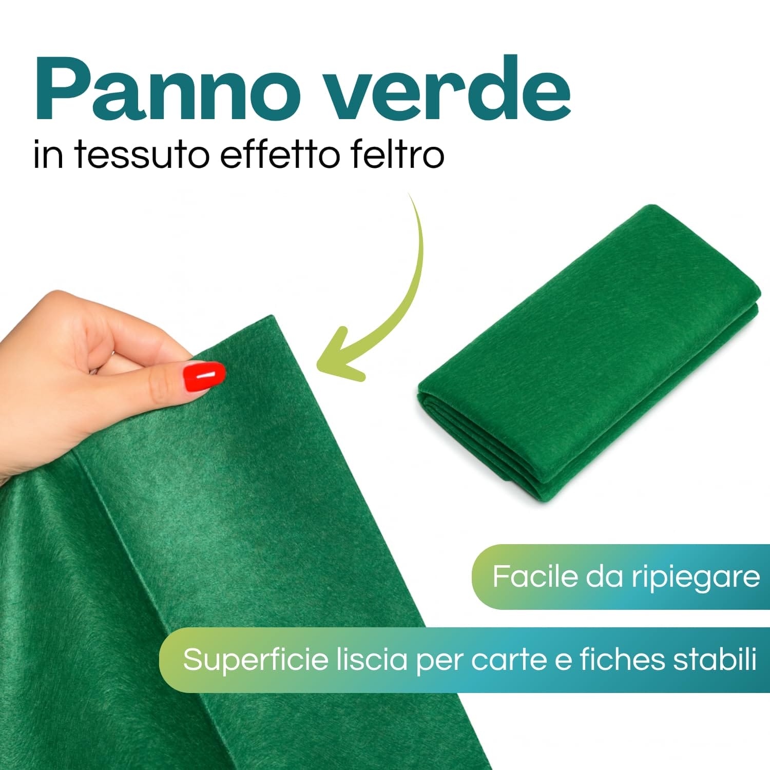 Panno verde effetto feltro pieghevole, superficie liscia ideale per carte e fiches da gioco