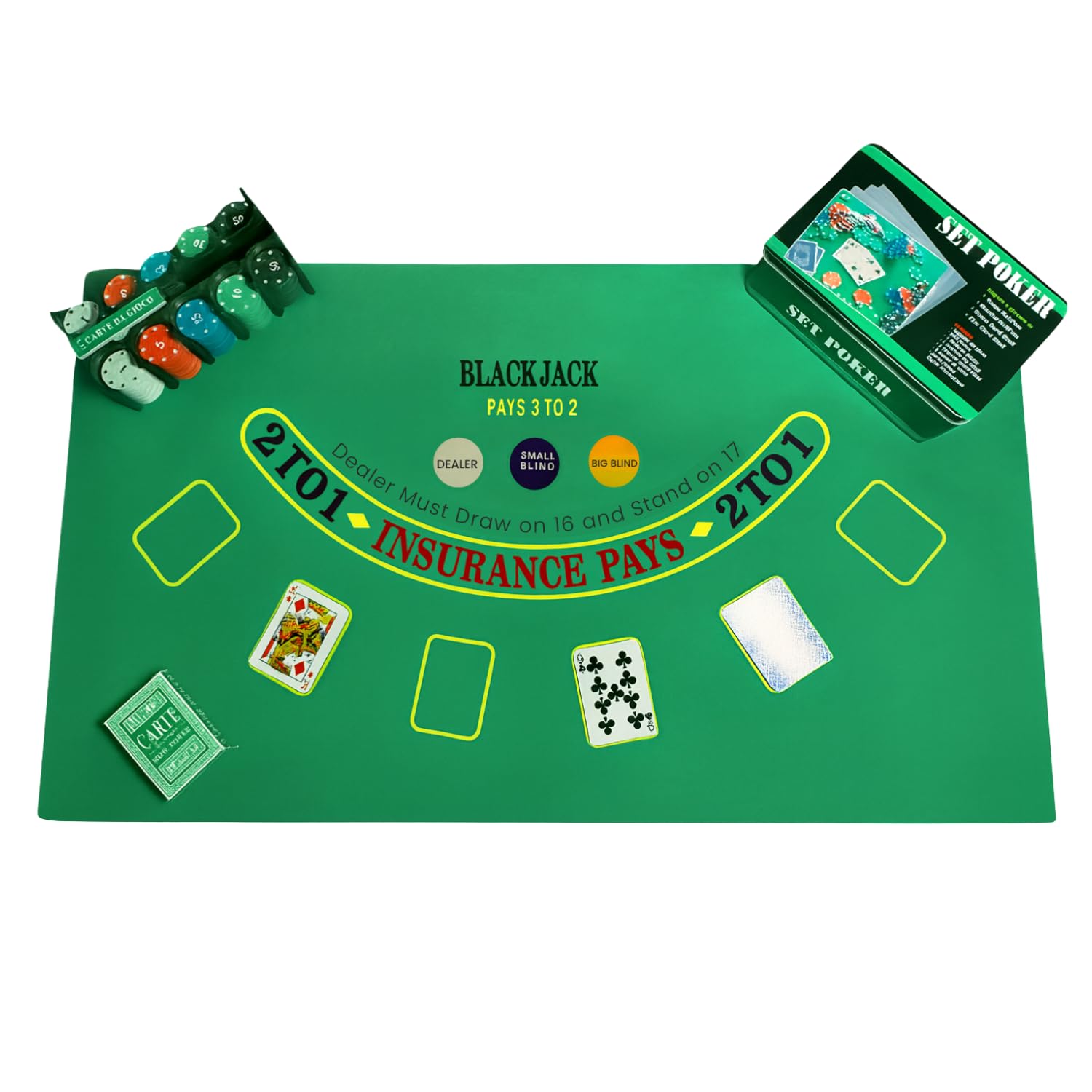 principale-set-poker tappeto da gioco verde con carte e fiches, set poker completo in scatola metallica