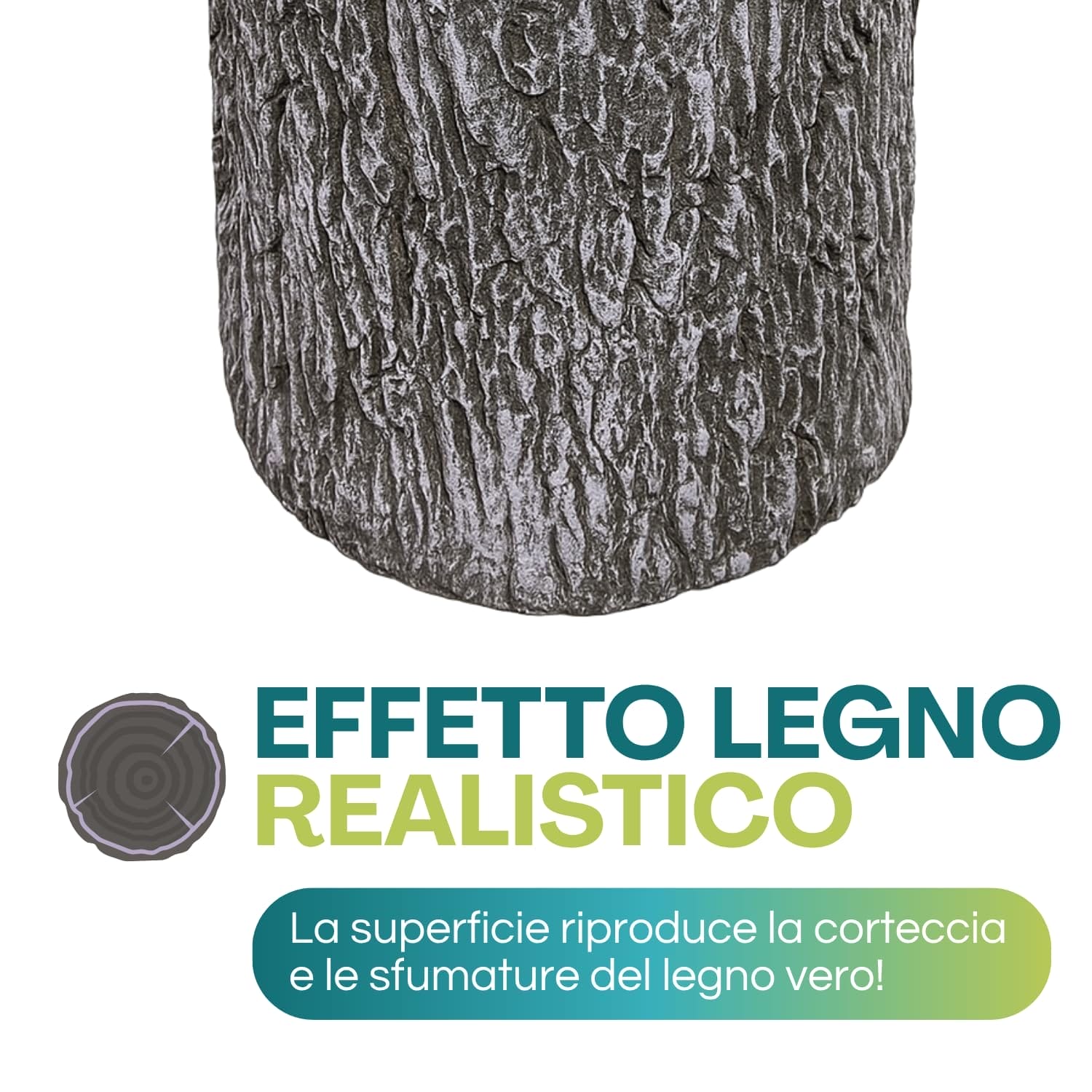 Base tronco per albero di Natale Paluplus con effetto legno realistico che riproduce la corteccia e le venature naturali.