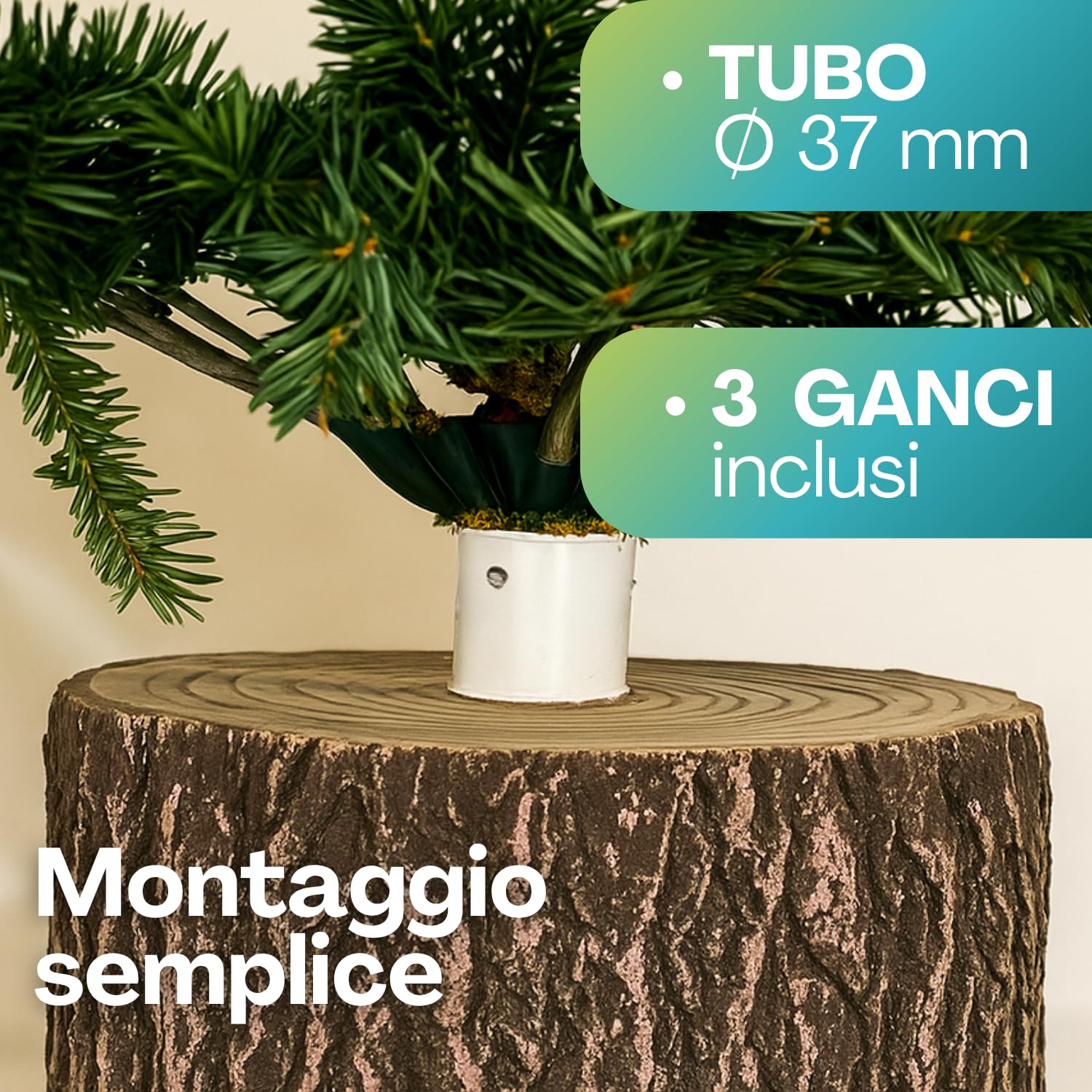 Supporto per albero di Natale Paluplus con tubo da 37 mm e 3 ganci inclusi, montaggio semplice e rapido.