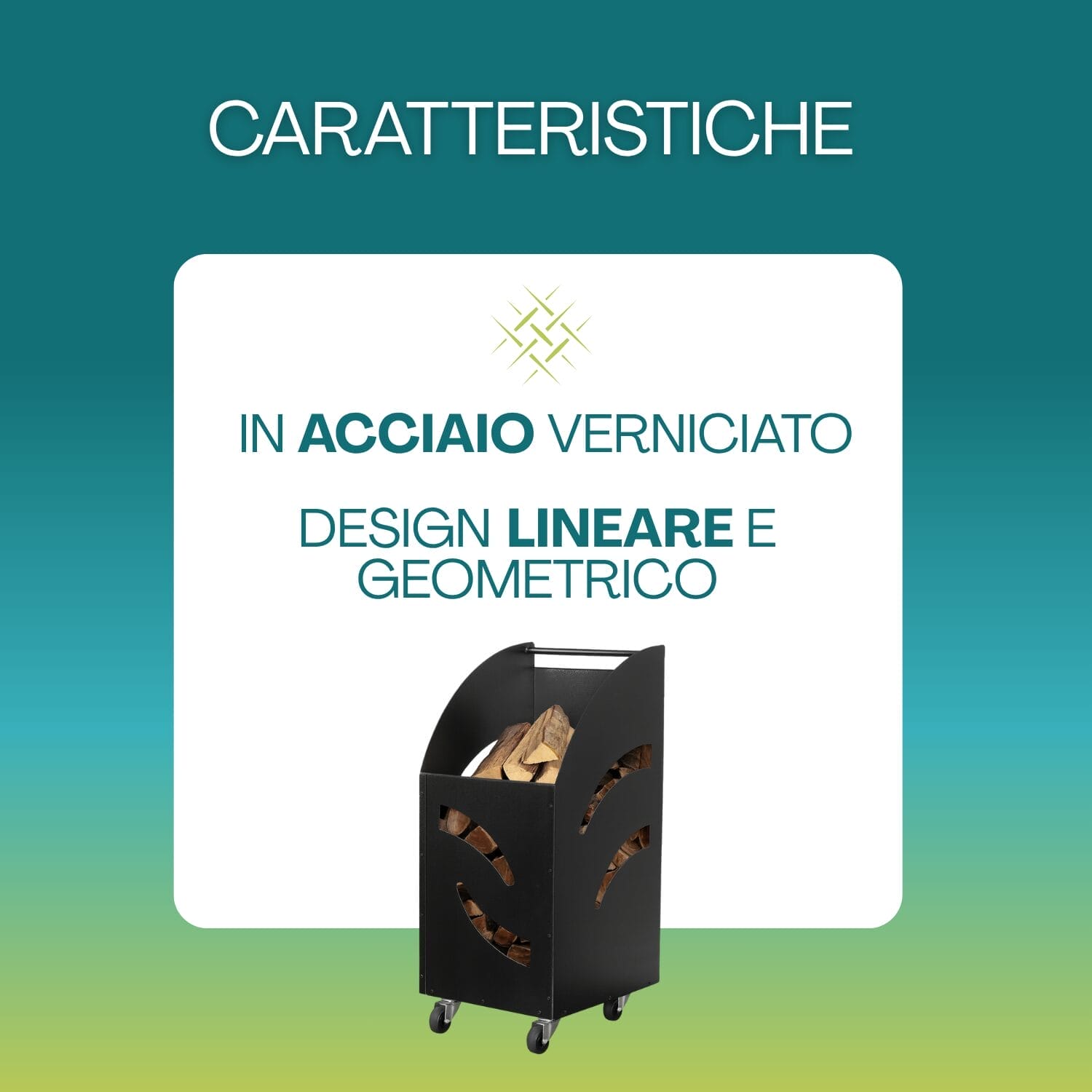 Portalegna con ruote in acciaio verniciato dal design lineare e geometrico