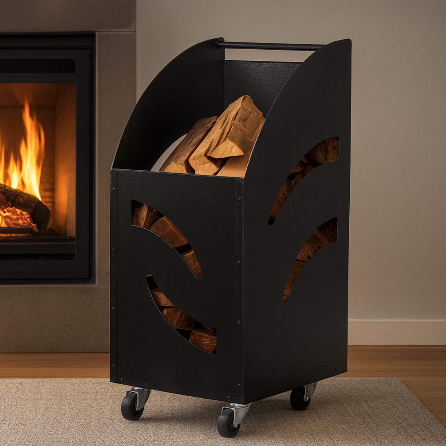 Portalegna nero con ruote accanto a camino acceso con legna impilata