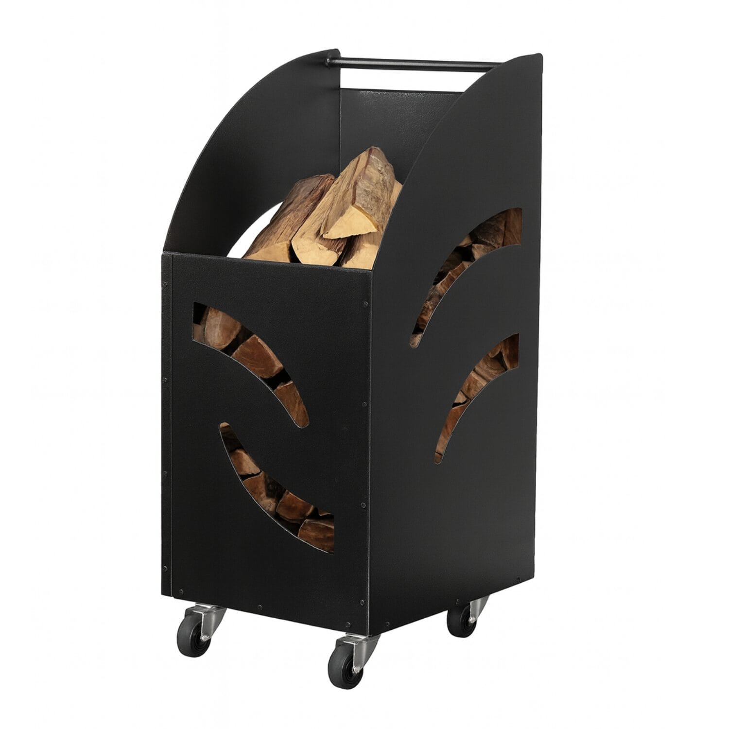 portalegna-con-ruote-principale Portalegna in acciaio verniciato nero con ruote e maniglia per camino