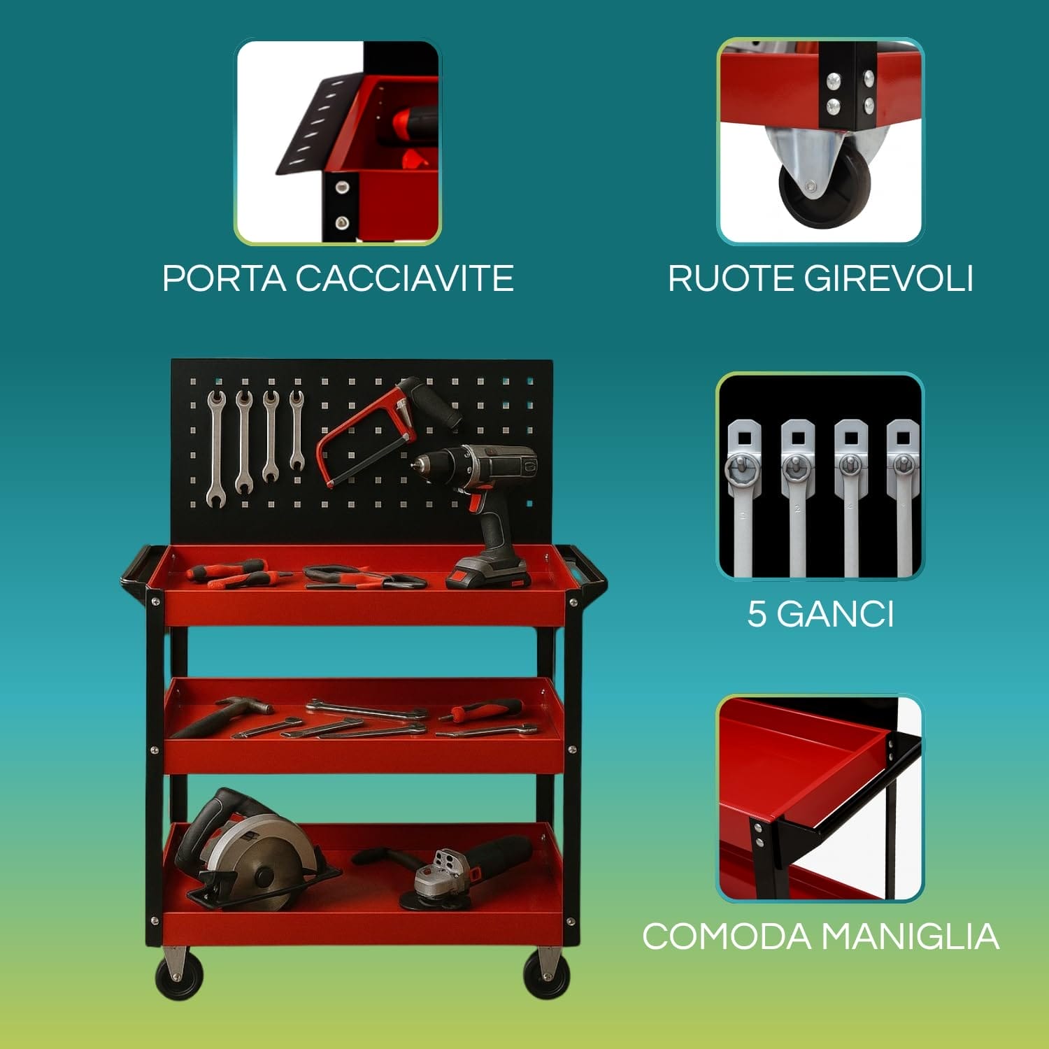 Carrello porta attrezzi con 3 ripiani e ruote girevoli professionale