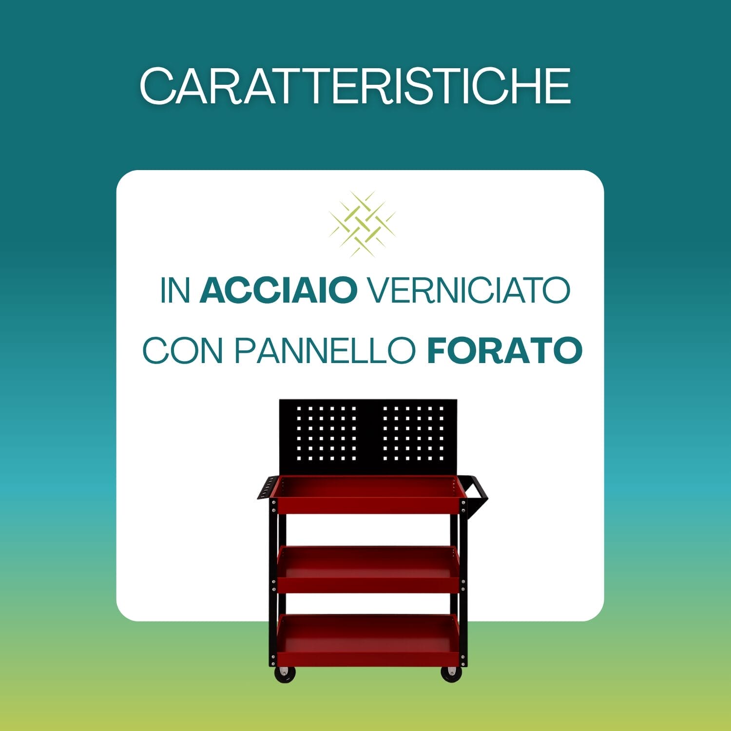 portattrezzi-caratteristiche (1) Carrello portautensili in acciaio verniciato rosso e nero con pannello forato