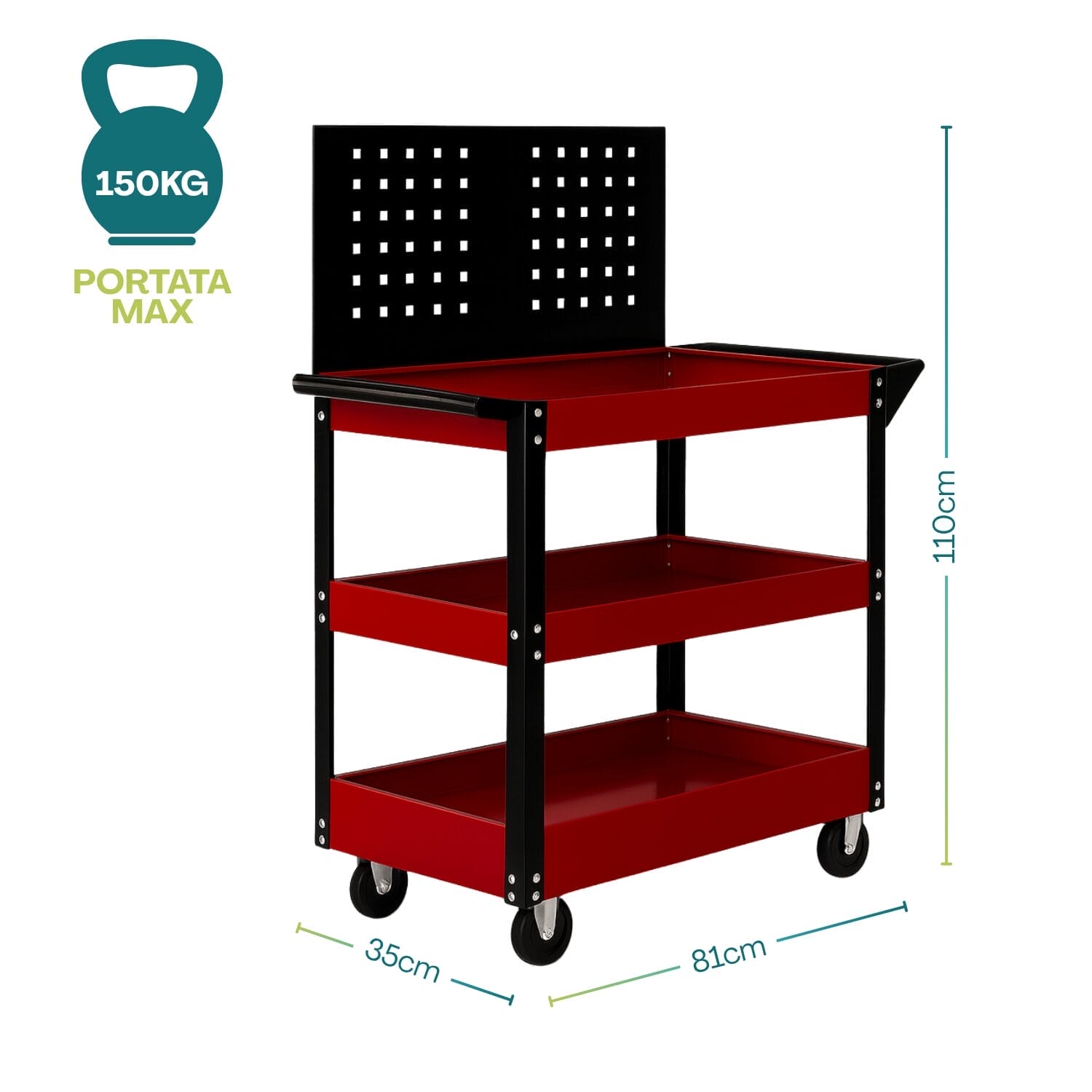 Carrello portautensili con pannello forato 81x35x110 cm portata 150 kg