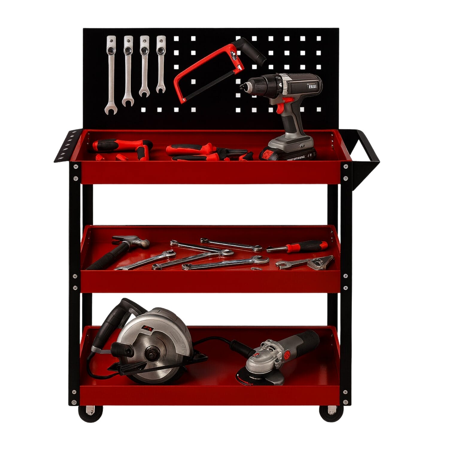 portattrezzi-principale (1) Carrello portautensili in acciaio verniciato rosso e nero con pannello forato