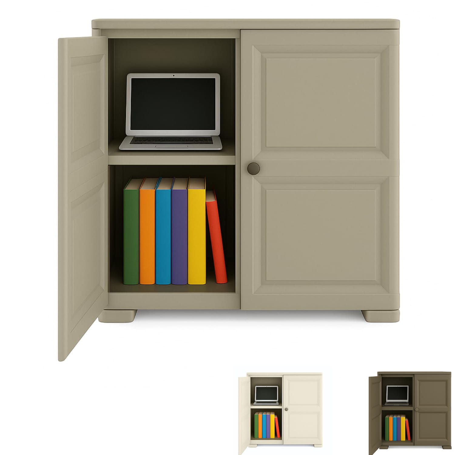 Mobile armadietto beige effetto legno in plastica con 2 ante e ripiani interni