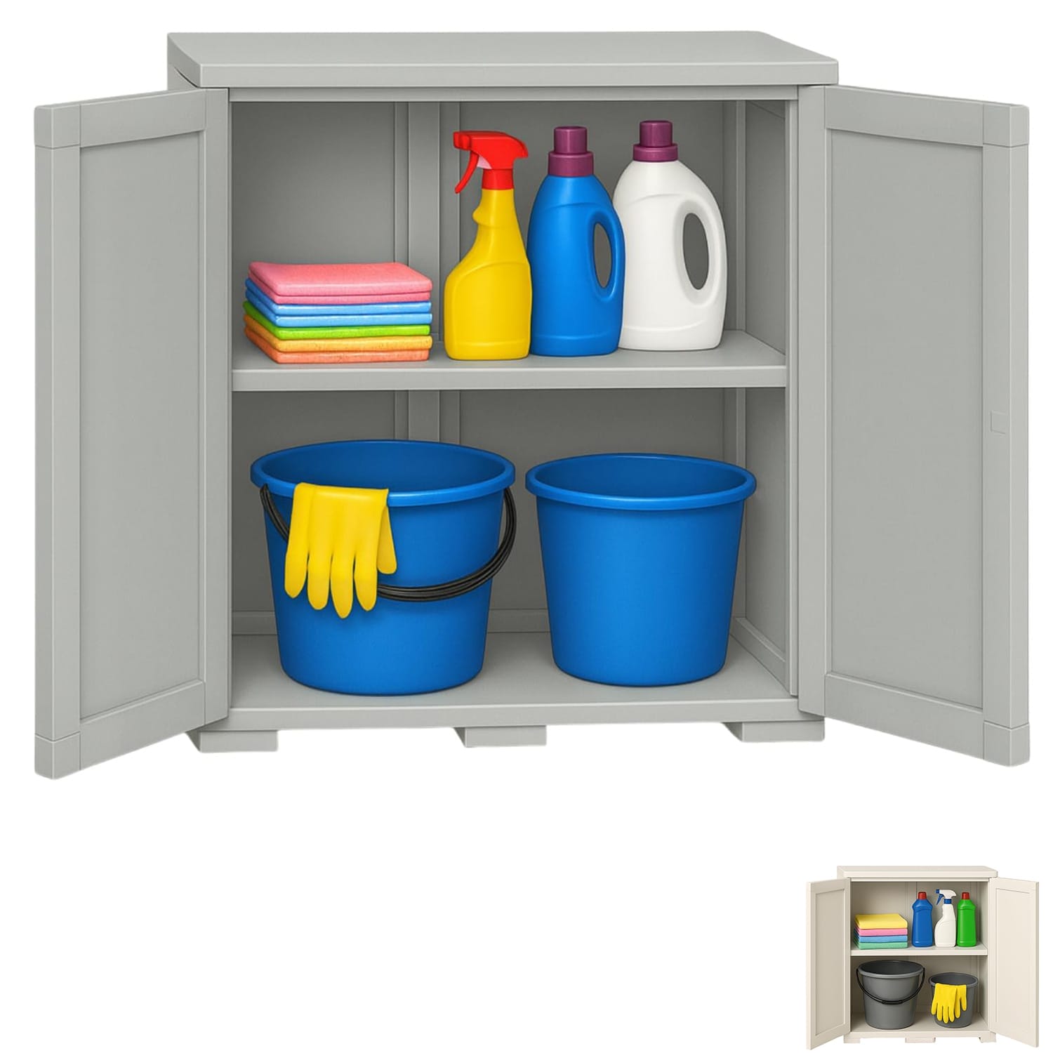 Armadietto basso in plastica grigio 2 ante lisce con ripiani interni 79x43x85,5 cm