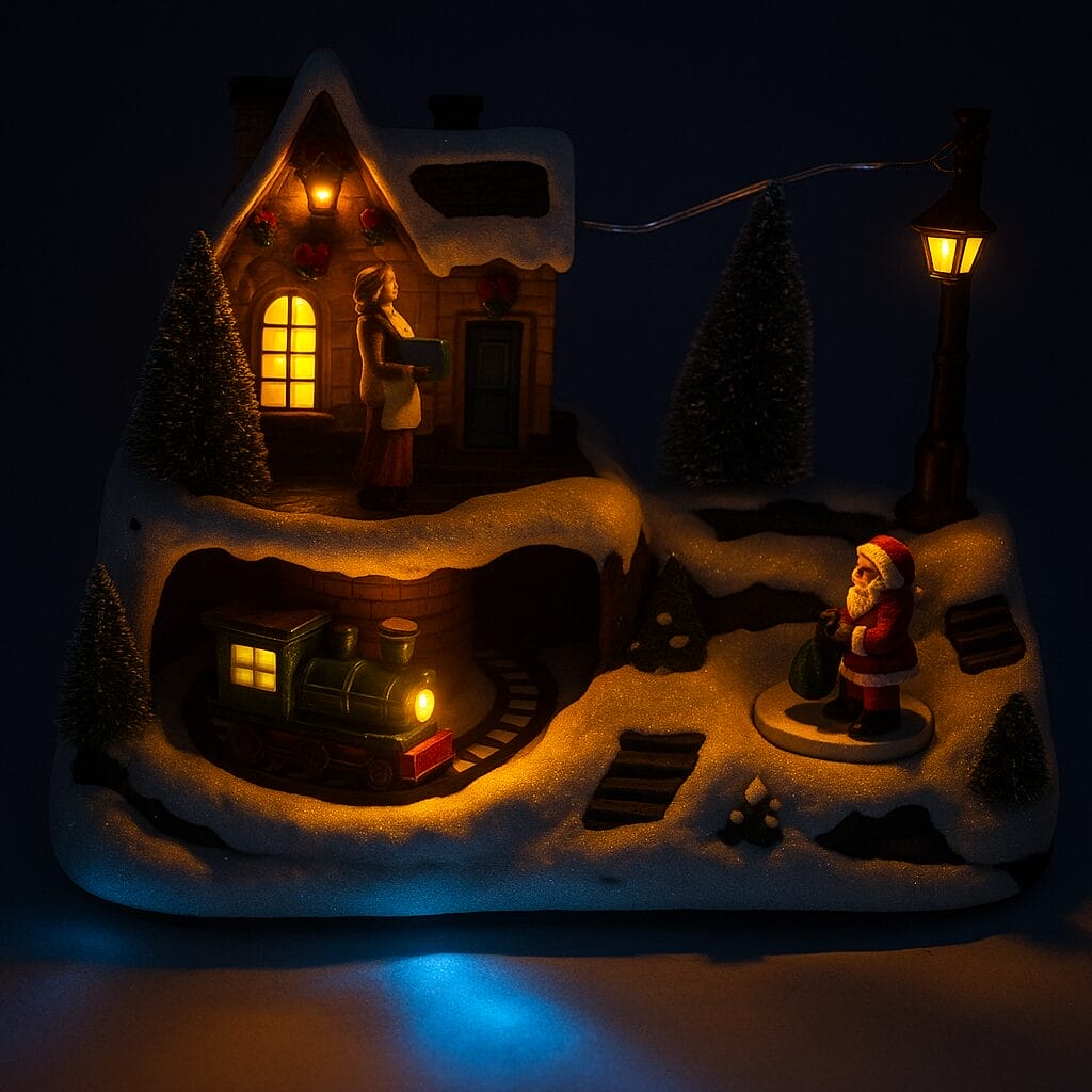 giostrina-piccola Villaggio natalizio luminoso con trenino e Babbo Natale – decorazione con luci calde e dettagli invernali
