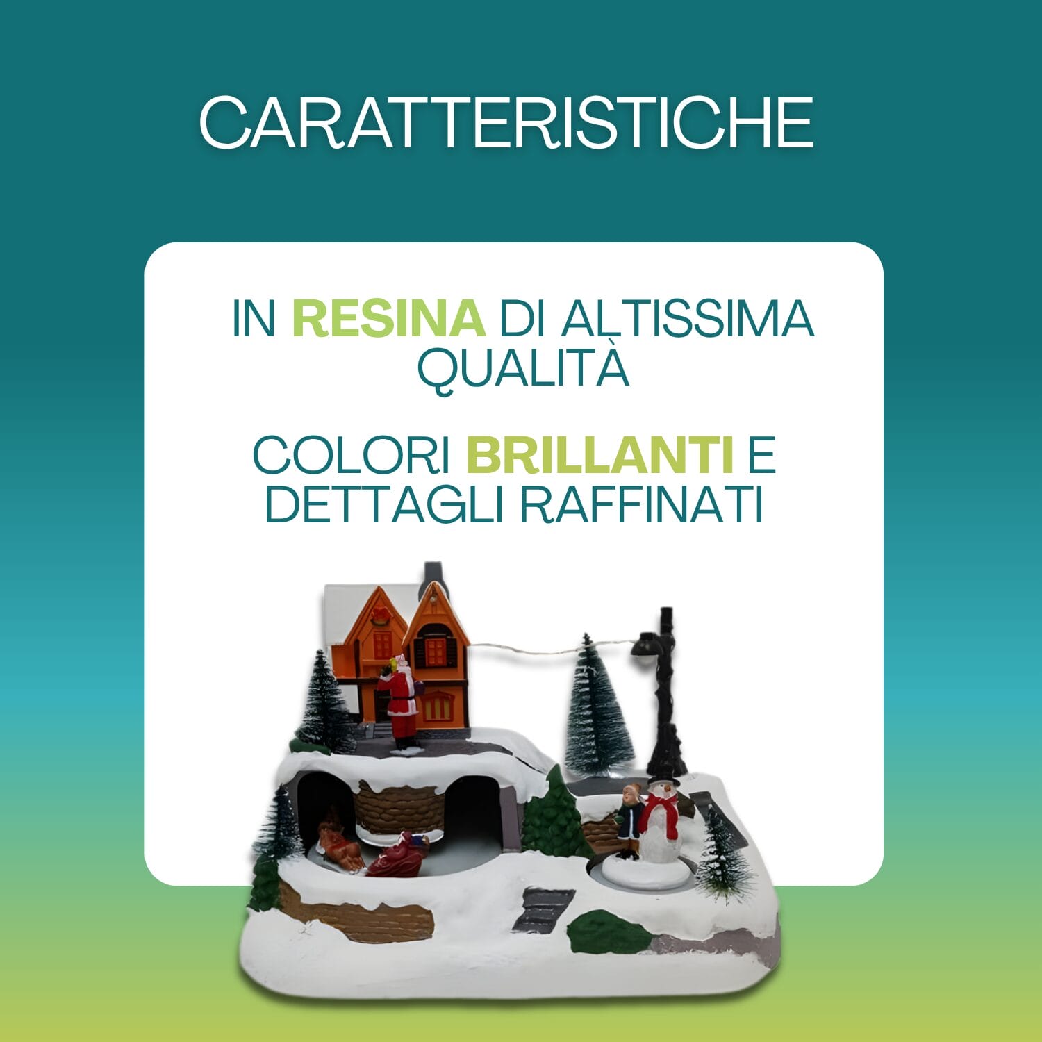 villaggio-giostrine-dettagli Casetta natalizia Paluplus in resina di qualità con colori brillanti e luci LED