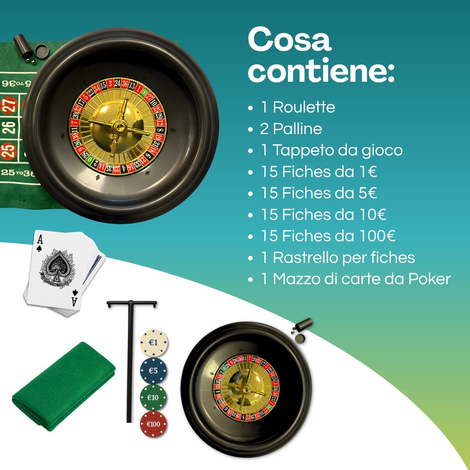 Set-roulette-pezzi Set con Panno verde in tessuto da 80x30,5 cm, roulette da 30 cm, palline, 60 fiches colorate e Mazzo di carte da poker