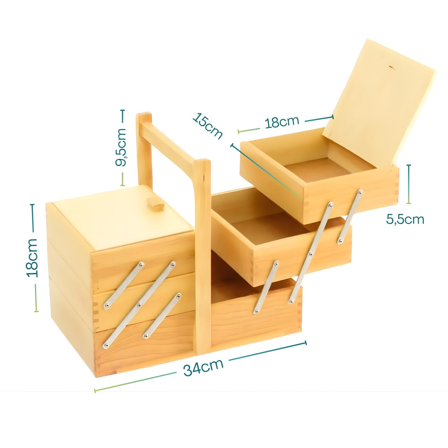 Cestino portacucito in legno 34x23x29 cm con apertura a 3 livelli