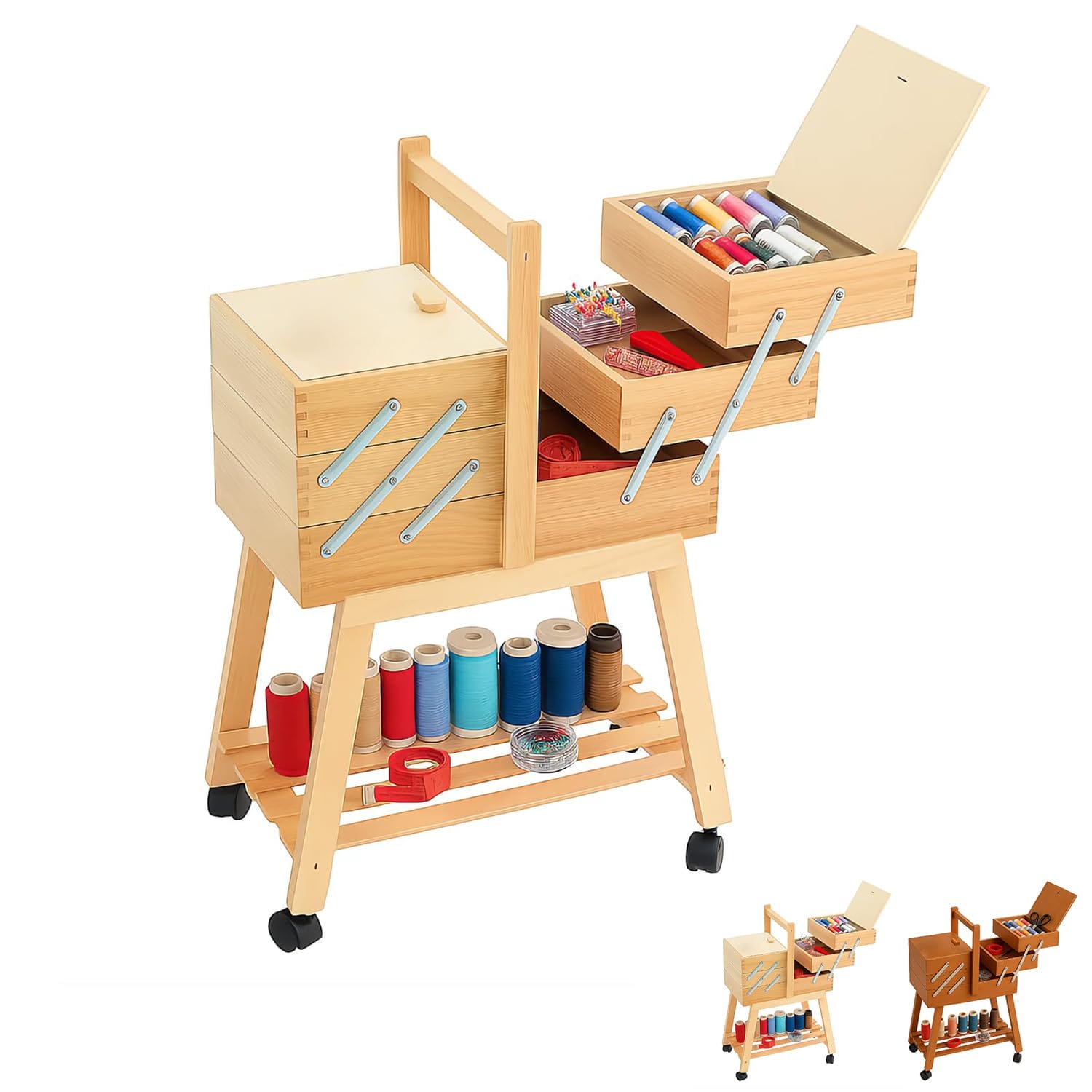 Cesto portacucito in legno naturale a 3 livelli con apertura a scaletta