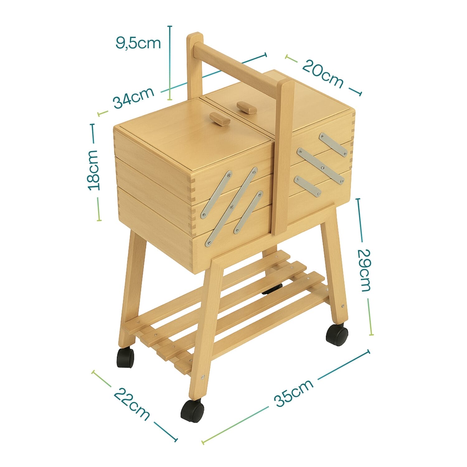Cassetta portacucito con ruote misure 35x22x47 cm struttura in legno