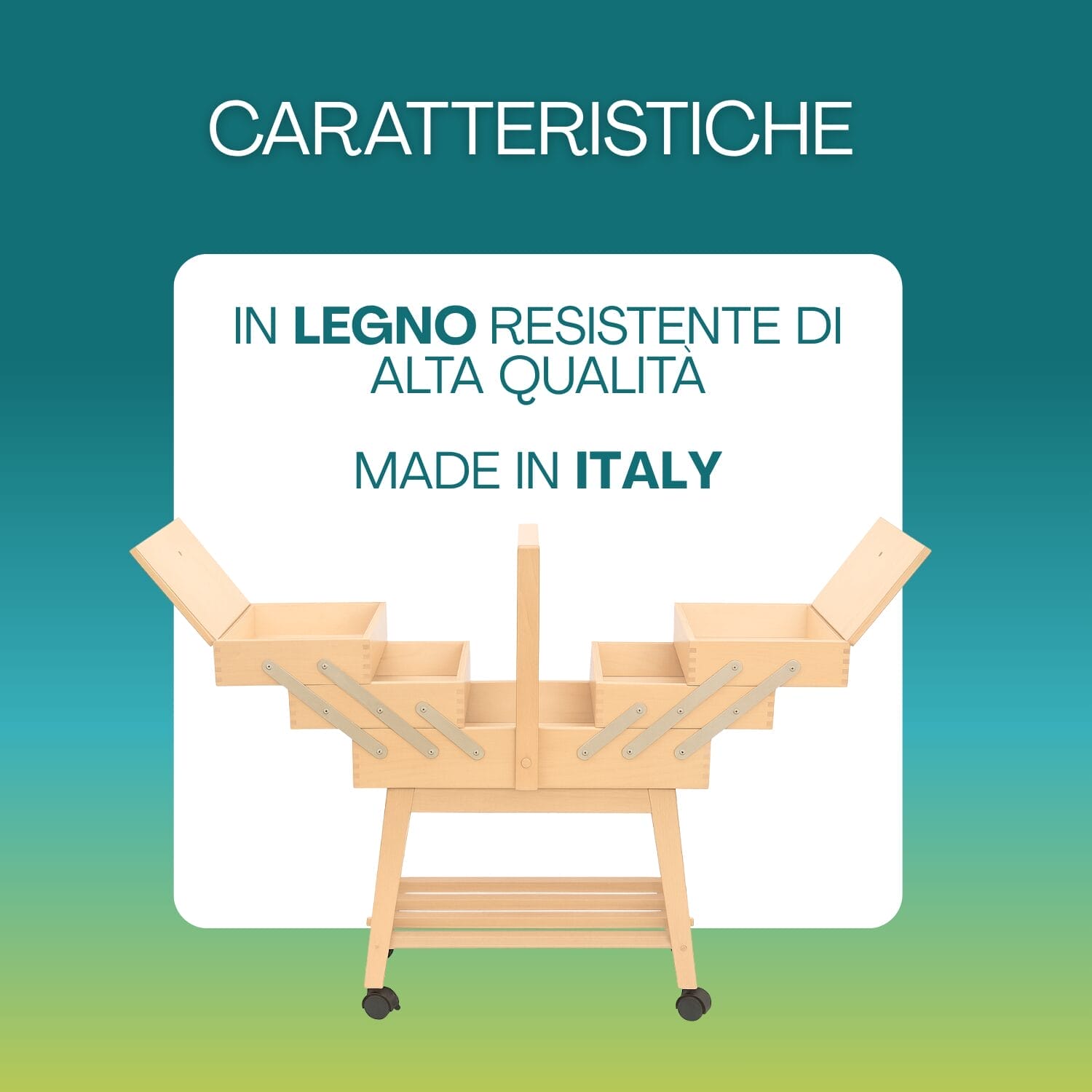 Cassetta portacucito con ruote misure 35x22x47 cm struttura in legno