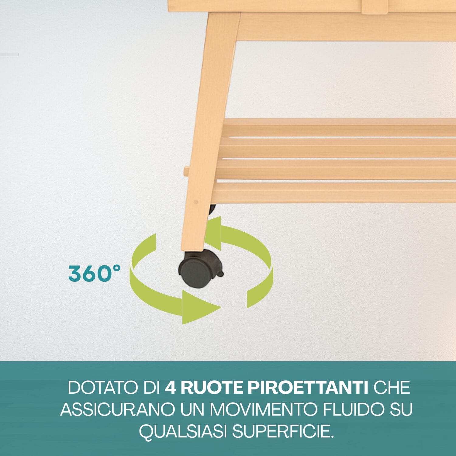 Dettaglio ruote piroettanti 360° del portacucito mobile in legno