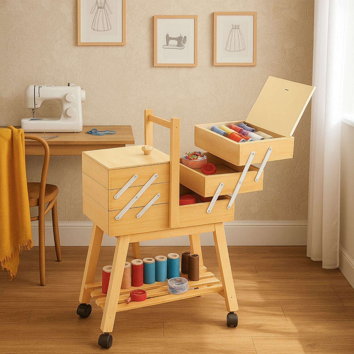 Carrello portacucito in legno con ruote ambientato in stanza da cucito