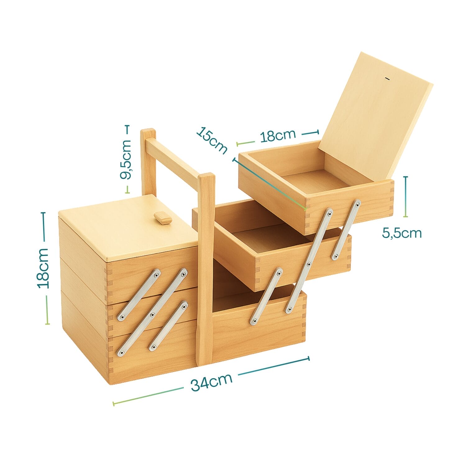 2-Portacucito-misure Portacucito in legno con misure 34x18x18 cm e scomparti multipli