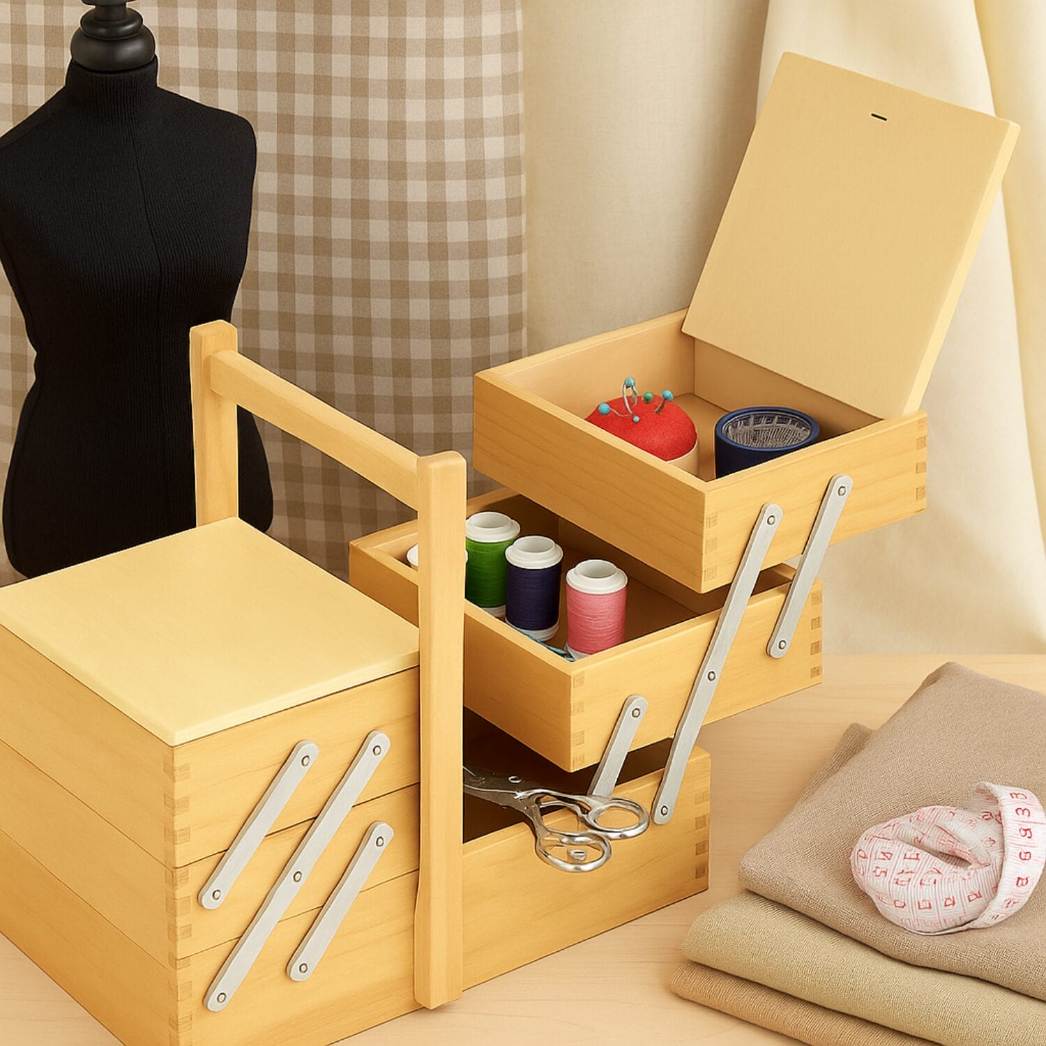 Portacucito in legno con accessori da cucito su tavolo sartoria