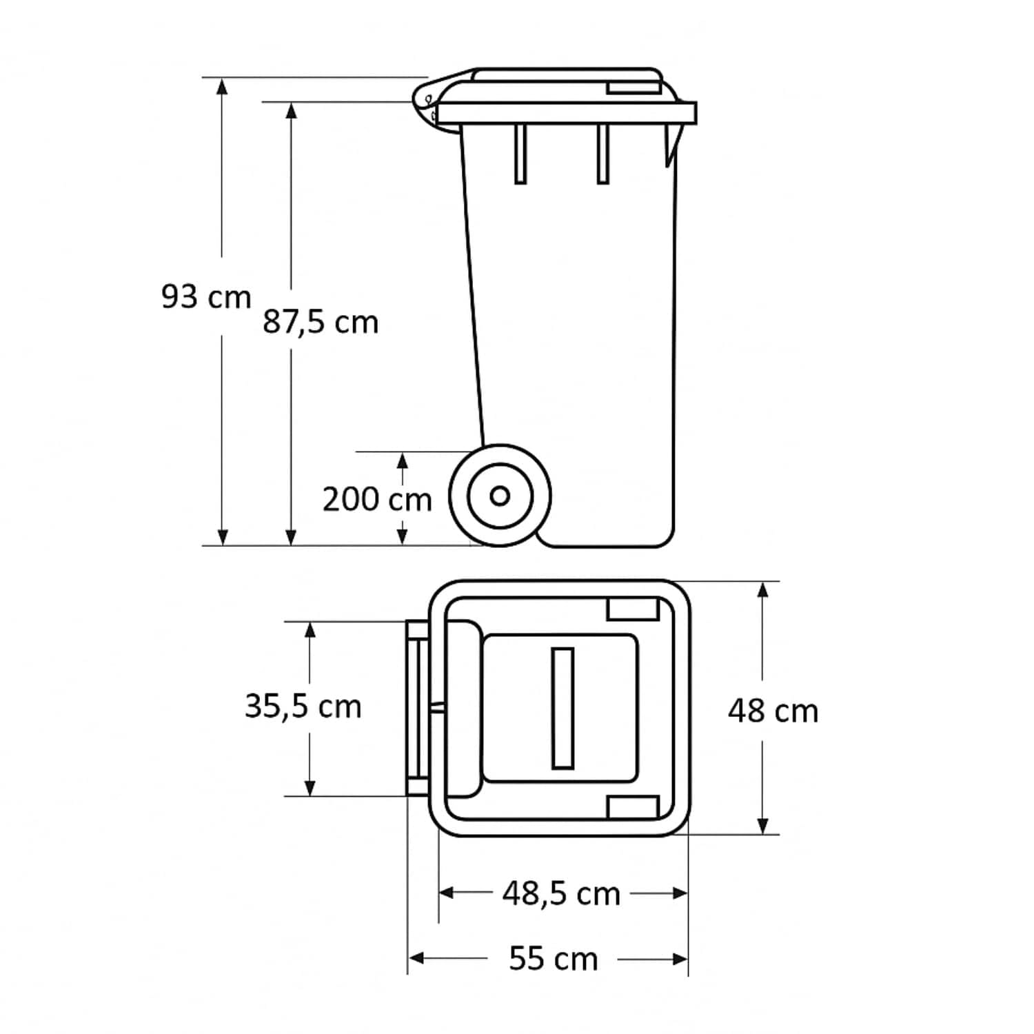 Misure tecniche bidone raccolta differenziata 120 litri con ruote