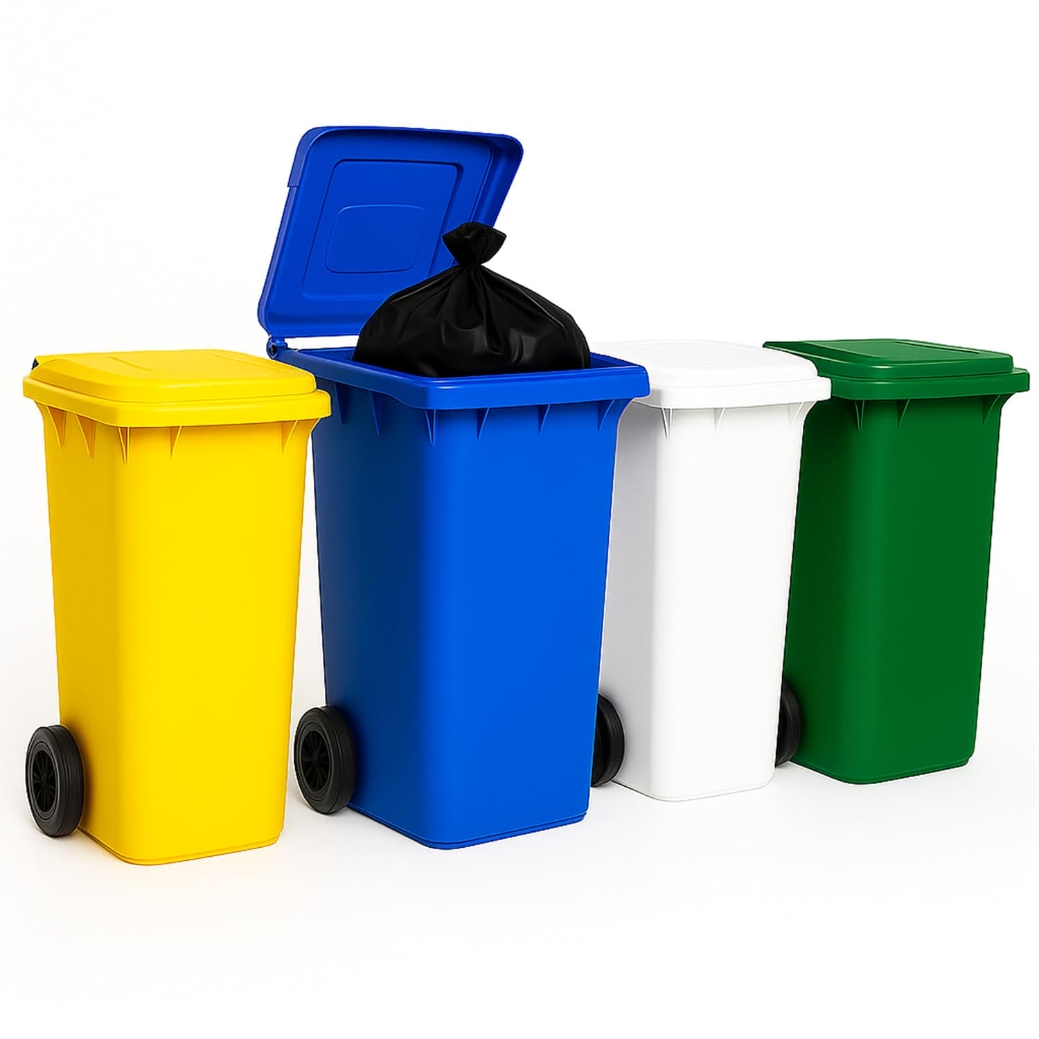 Set 4 bidoni raccolta differenziata 120L con ruote e coperchi colorati