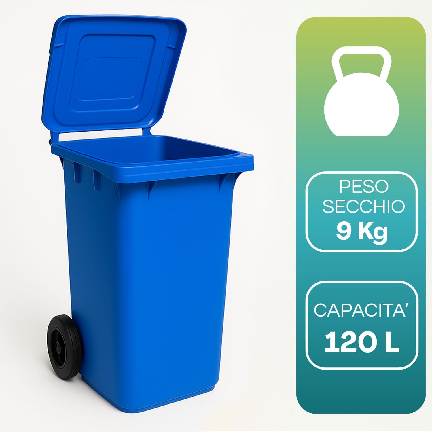 Bidone 120 litri con ruote capacità e peso indicati in grafica