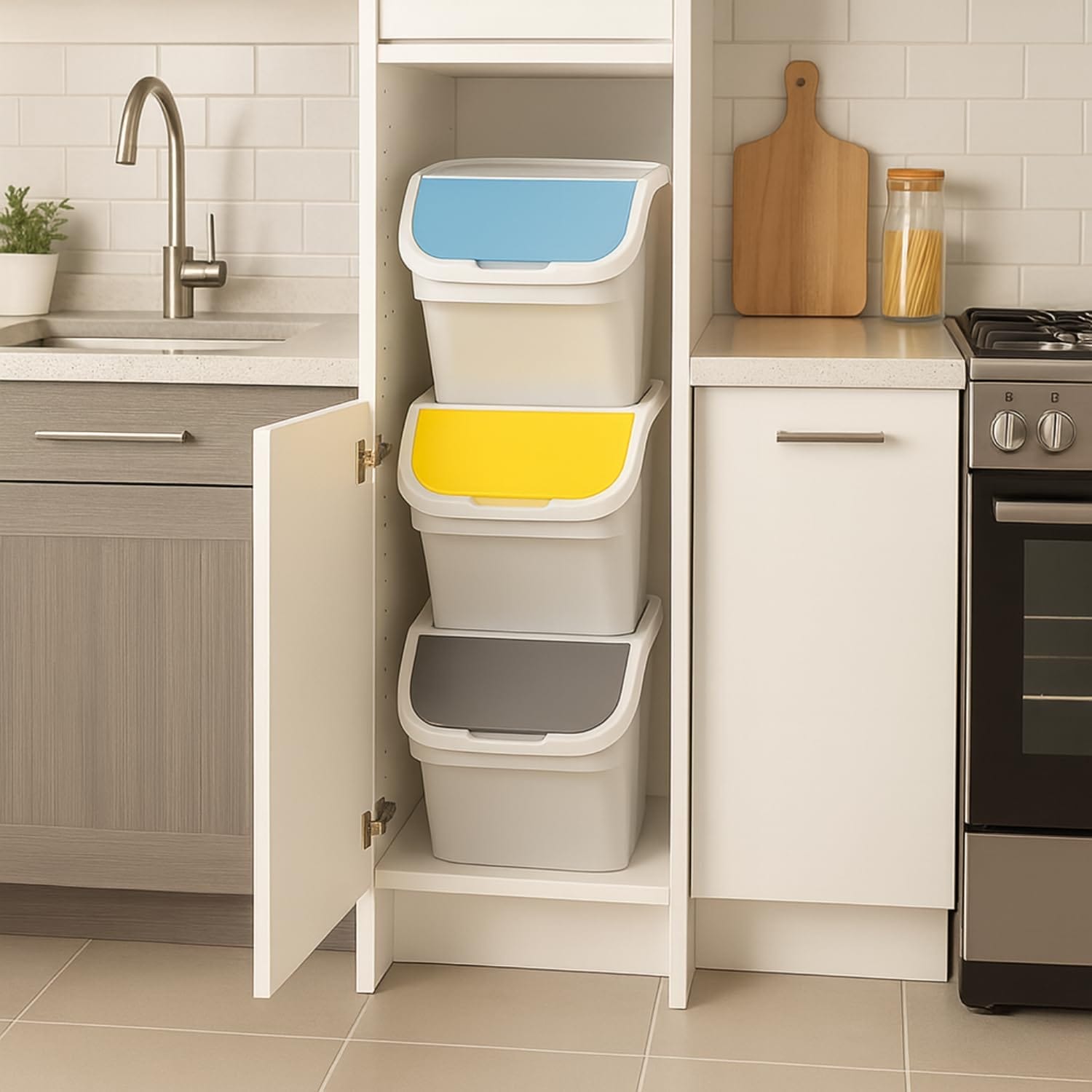 Pattumiere a torre 25L posizionate in cucina per raccolta differenziata