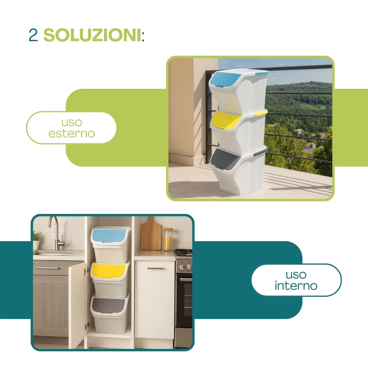 Pattumiere impilabili 25L per uso interno ed esterno raccolta differenziata