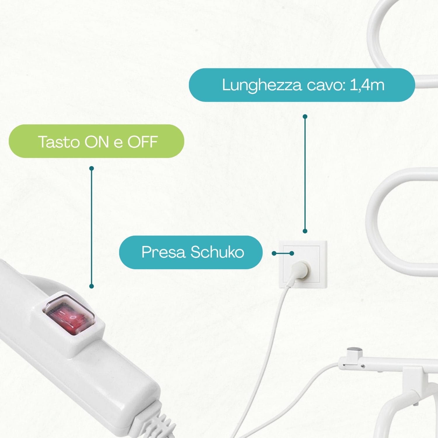 Scaldasalviette elettrico con tasto ON OFF e presa Schuko