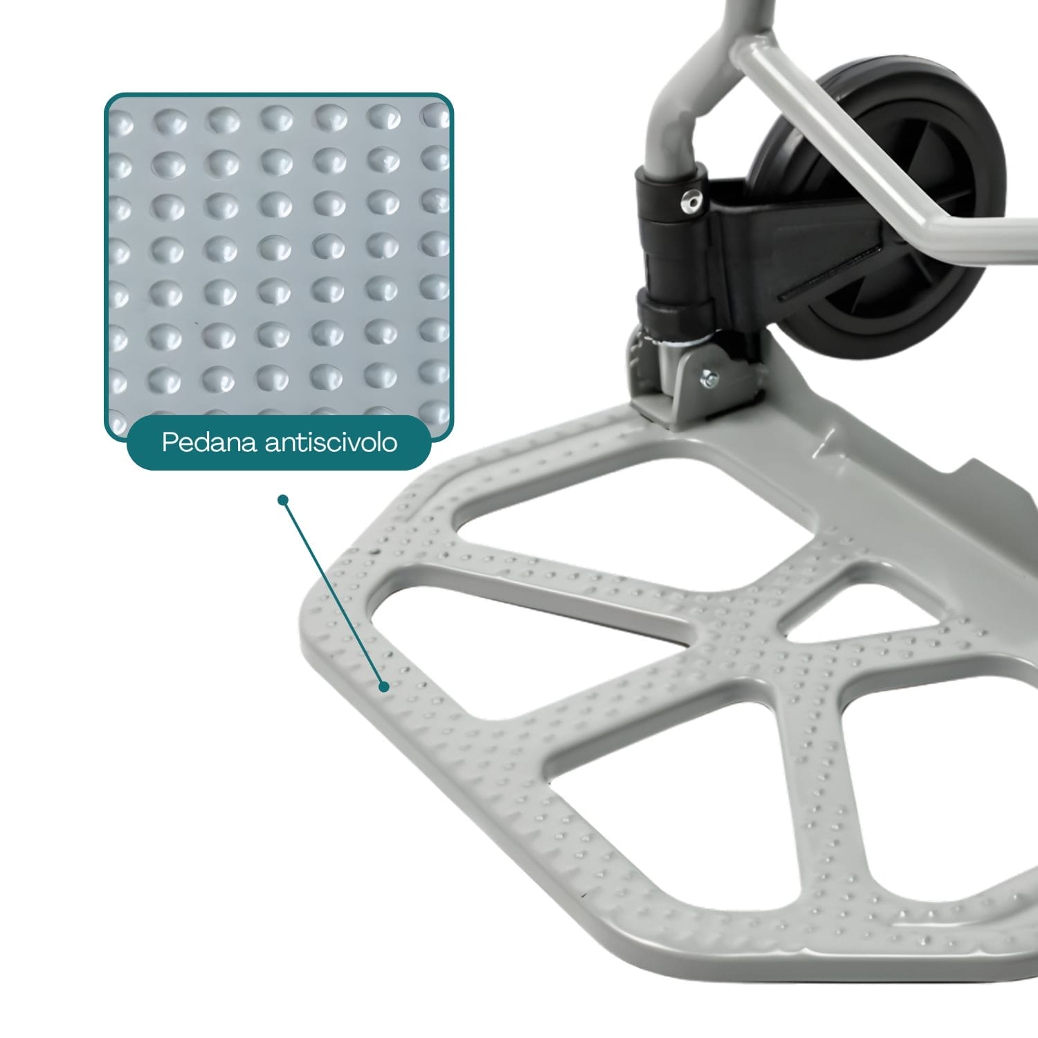 Dettaglio pedana antiscivolo del carrello portapacchi pieghevole