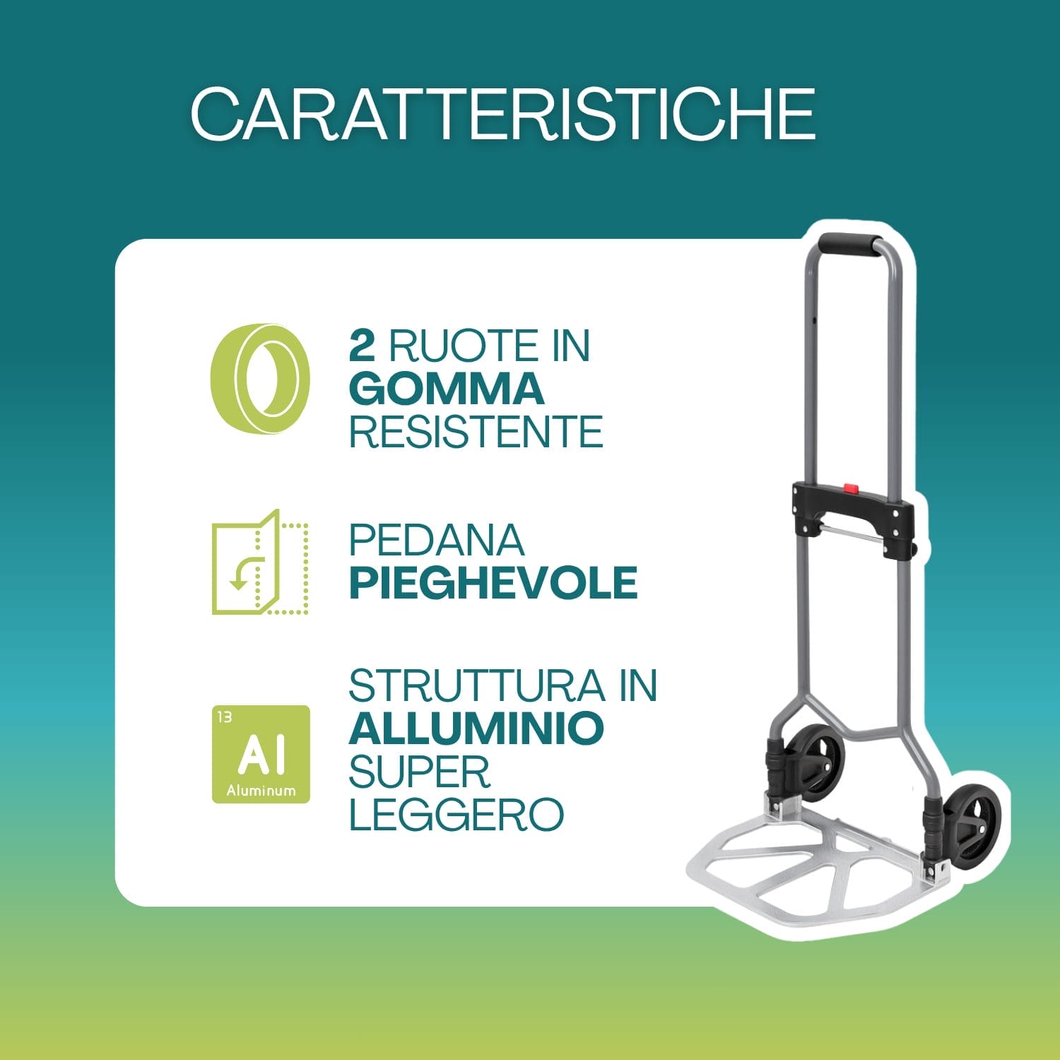 Carrello portapacchi con 2 ruote, pedana pieghevole e struttura in alluminio leggero