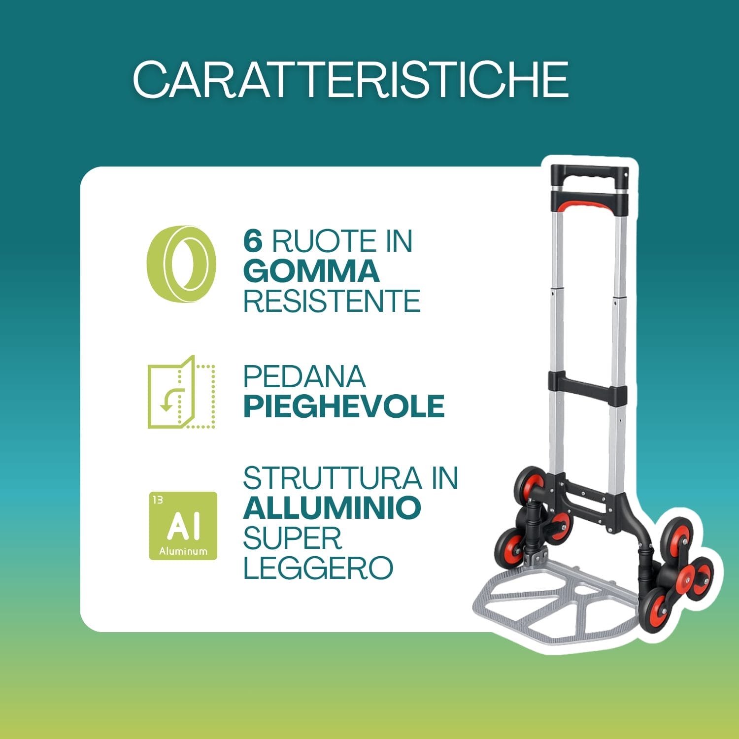 portapacchi a 6 ruote caratteristiche Carrello saliscale 6 ruote in alluminio con pedana pieghevole e struttura leggera