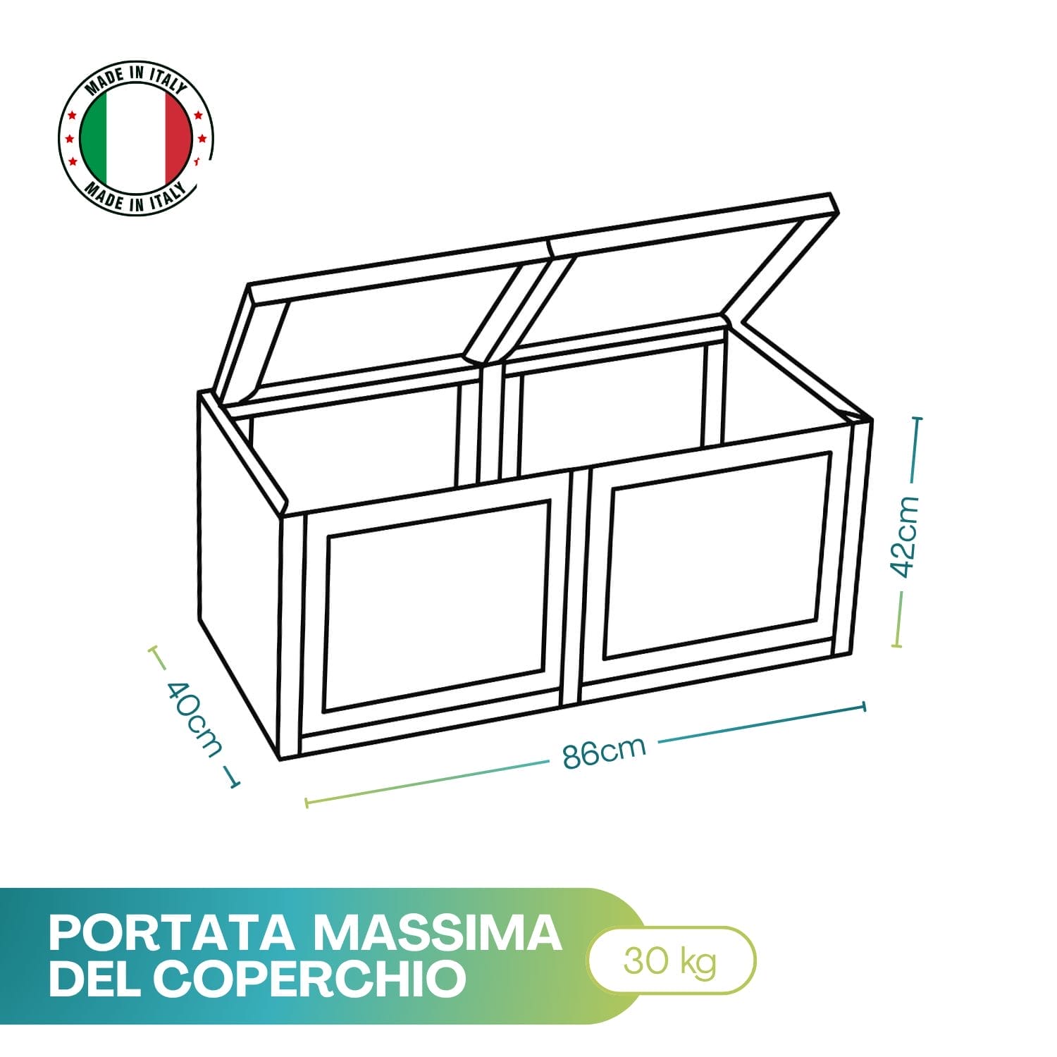 Disegno tecnico baule impermeabile 2 moduli 86x40x42 cm con coperchio apribile e portata 30 kg