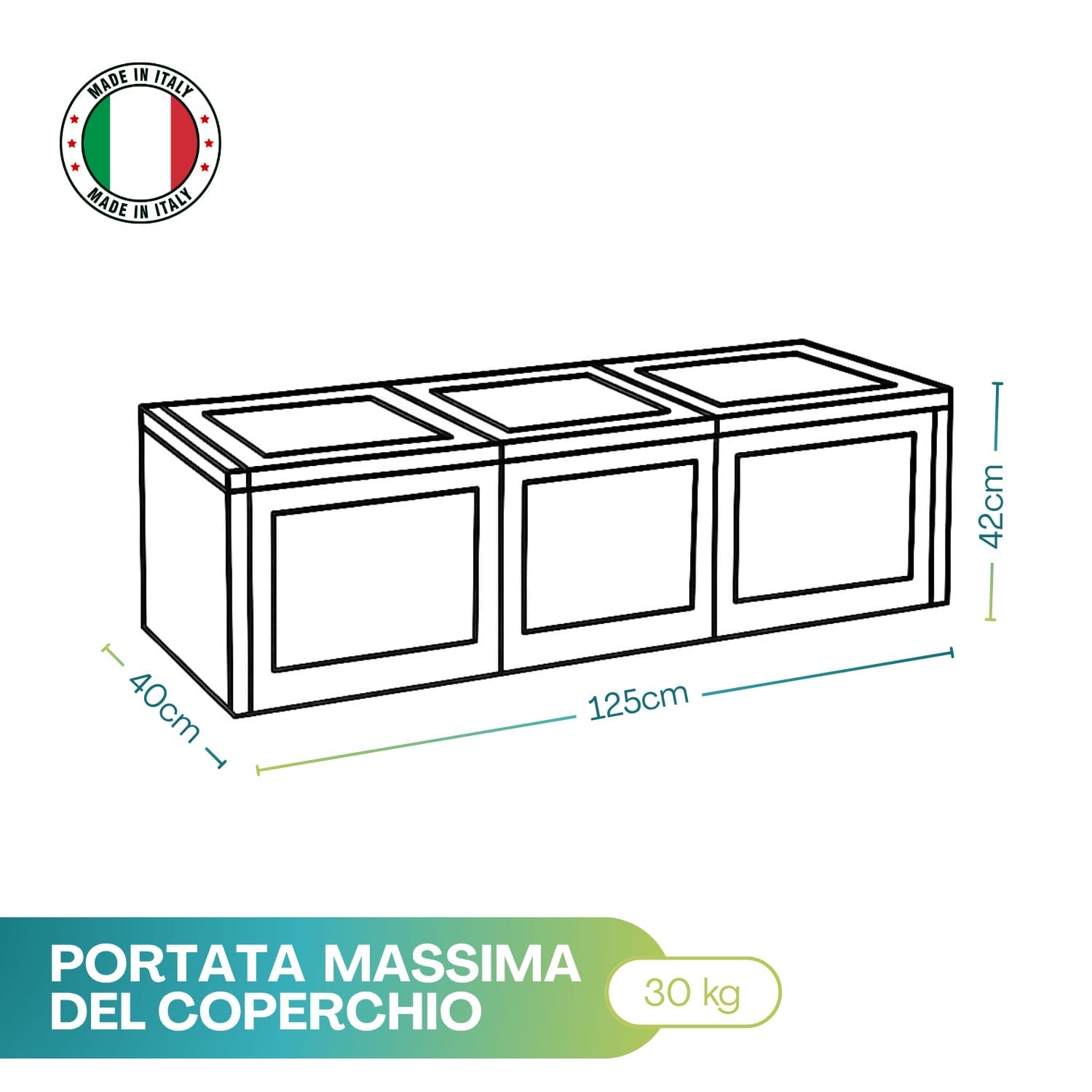 baule tontarelli grande Disegno tecnico baule portaoggetti 3 moduli 125x40x42 cm con misure e icona Made in Italy