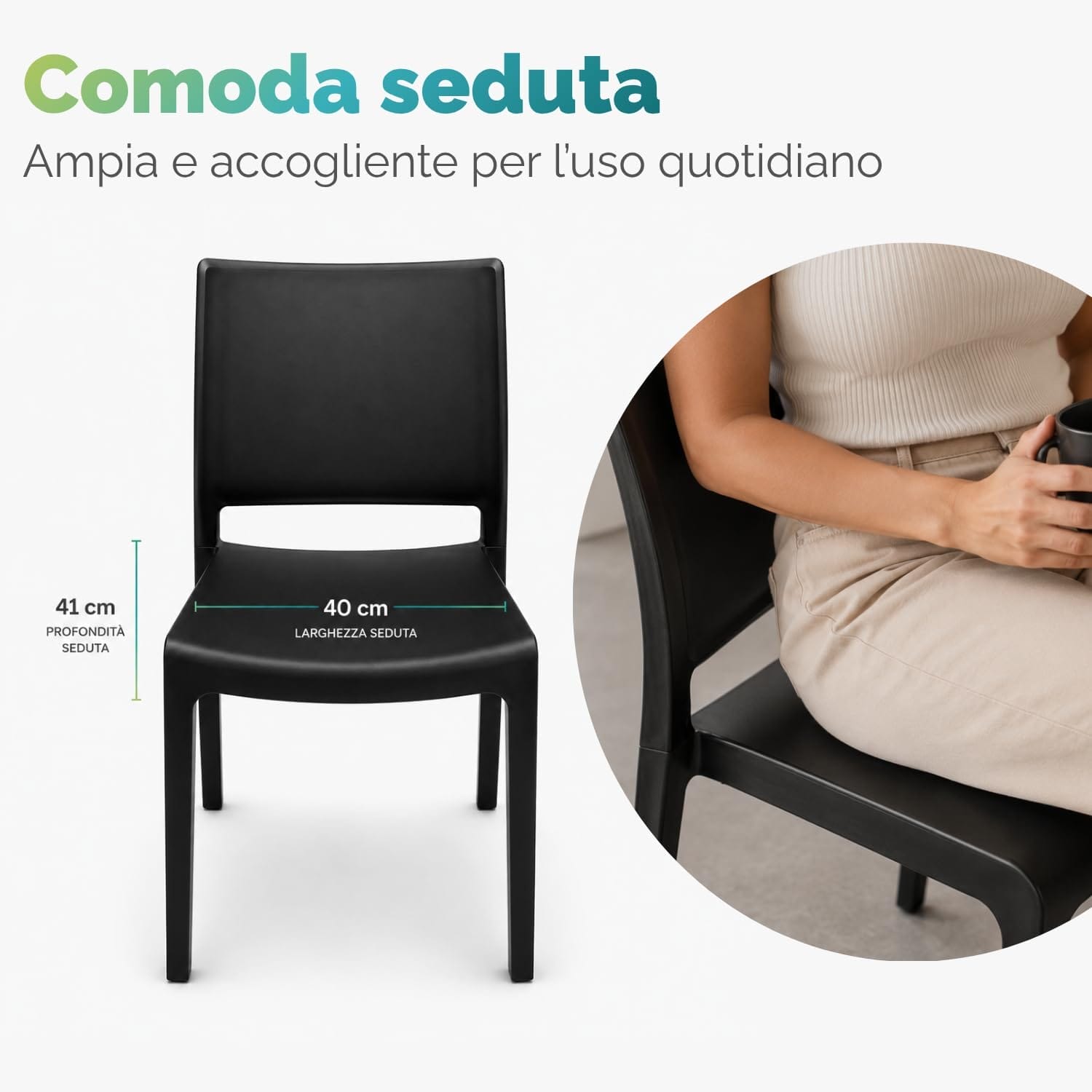 Sedia Nizza antracite con seduta ampia e confortevole in polipropilene