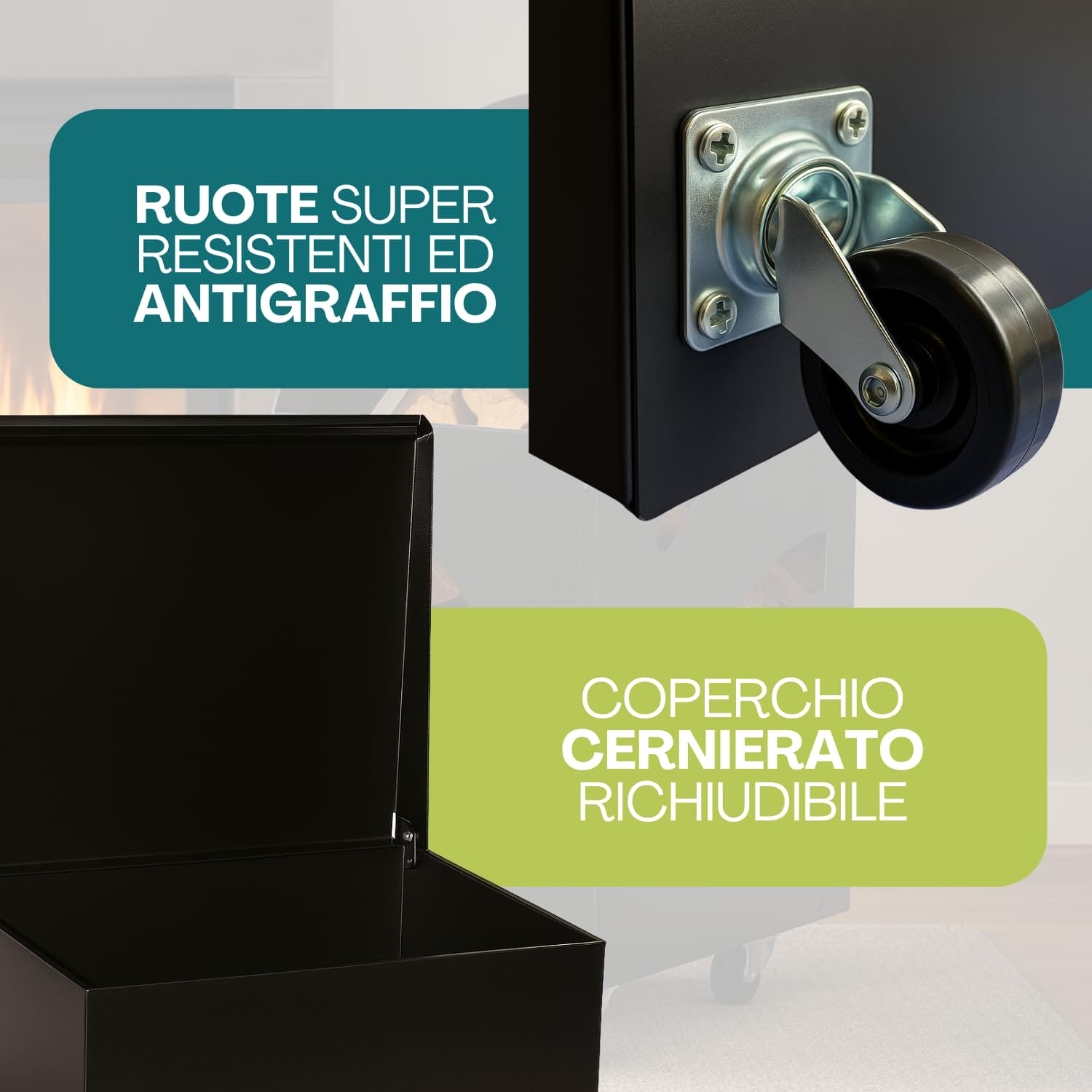 Baule portapellet con ruote antigraffio e coperchio richiudibile con cerniere robuste